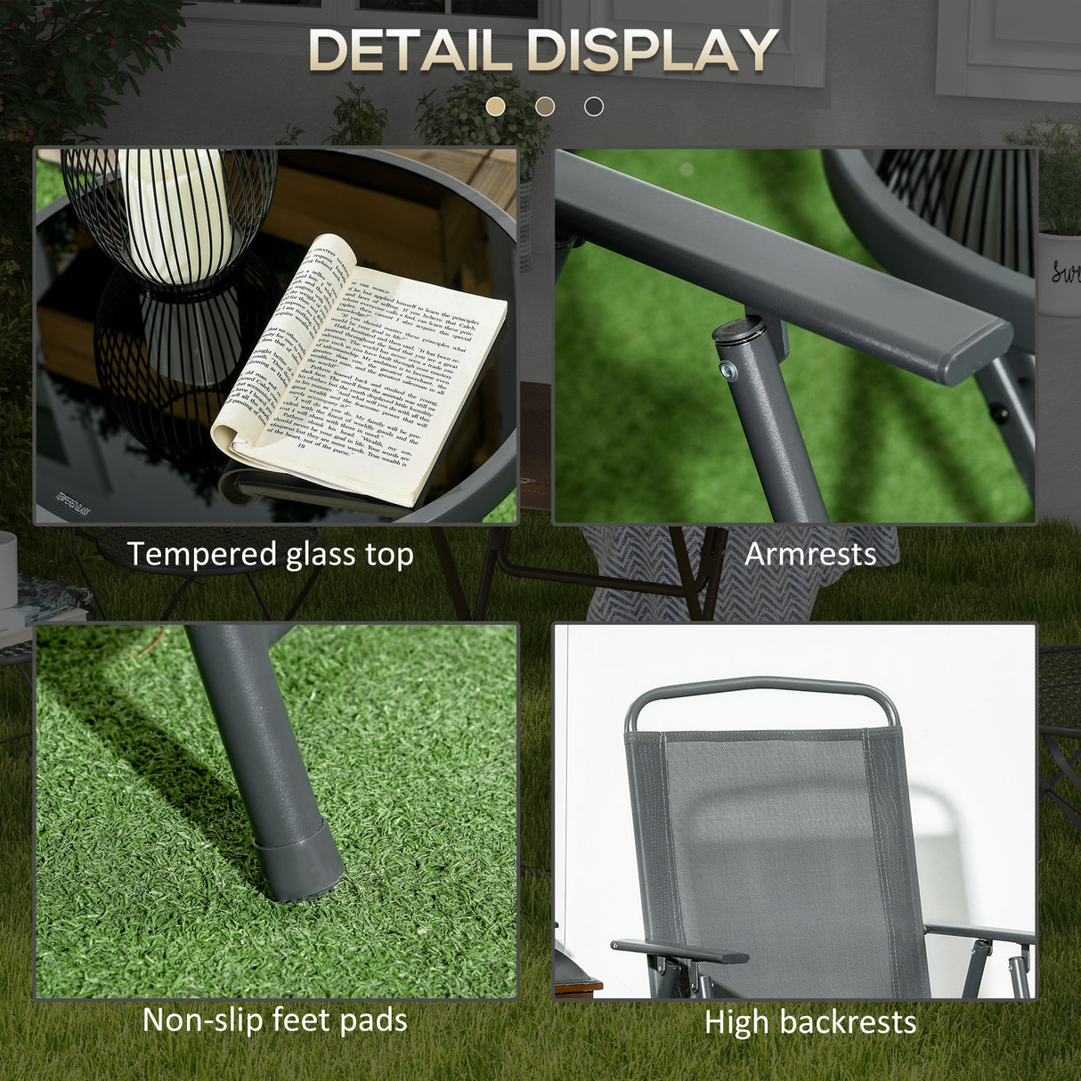 Metal 3 Pieces Garden Bistro Set With Round Glass Top Table - Velmora