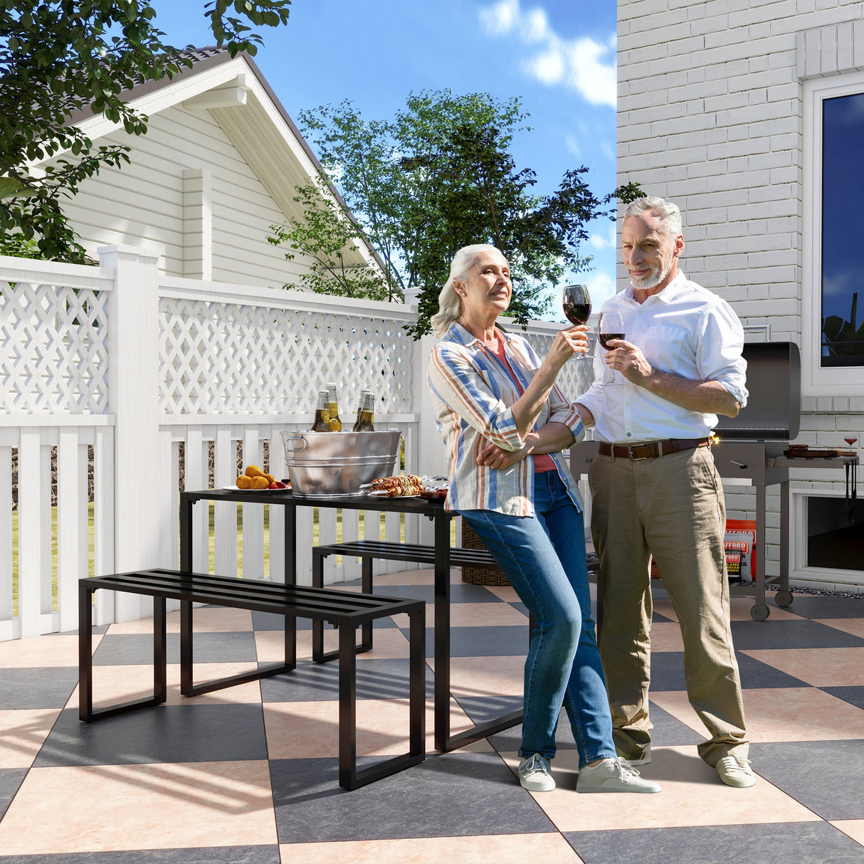 Metal 3 Pieces Garden Dining Set with 2 Benches in Slated Design - Velmora