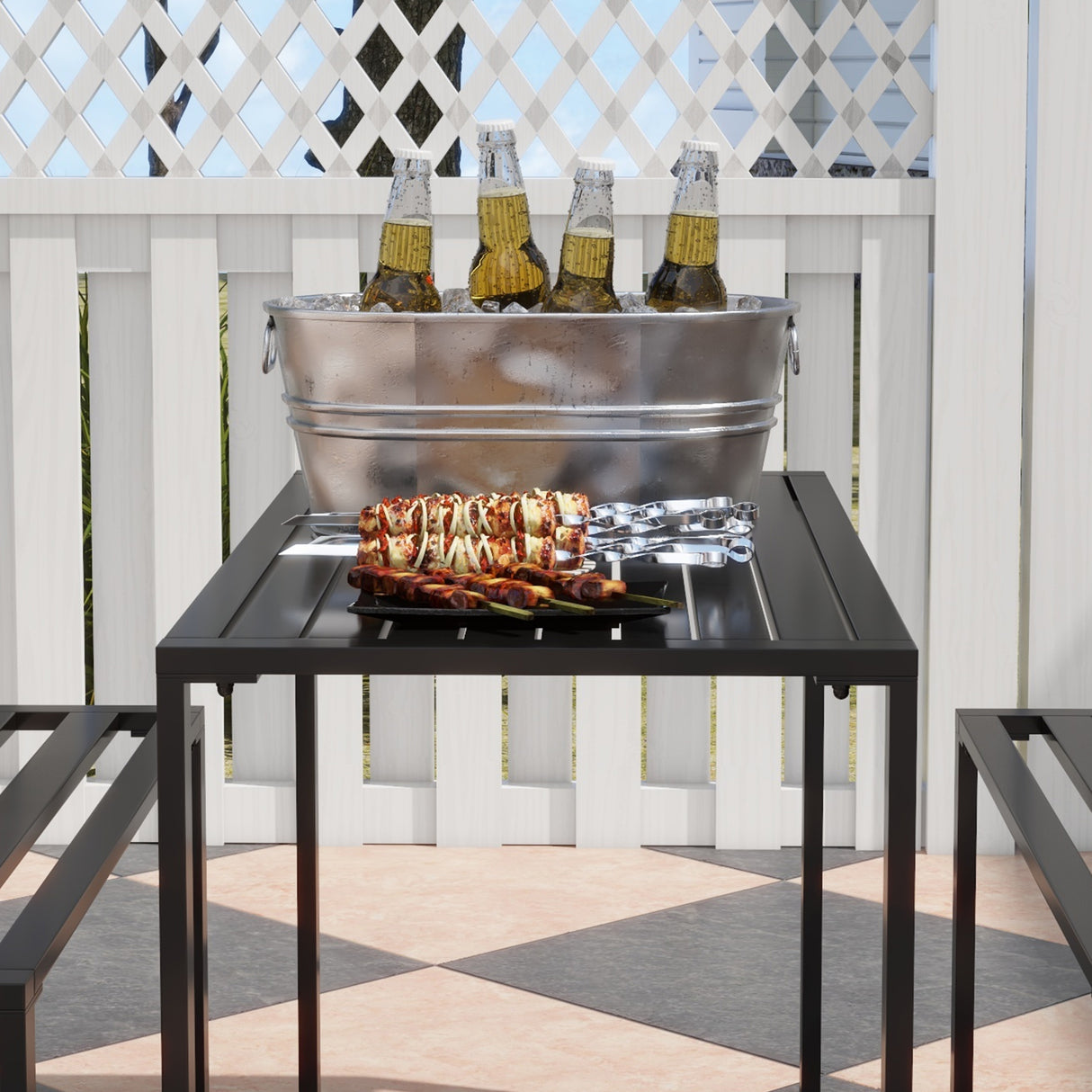 Metal 3 Pieces Garden Dining Set with 2 Benches in Slated Design - Velmora