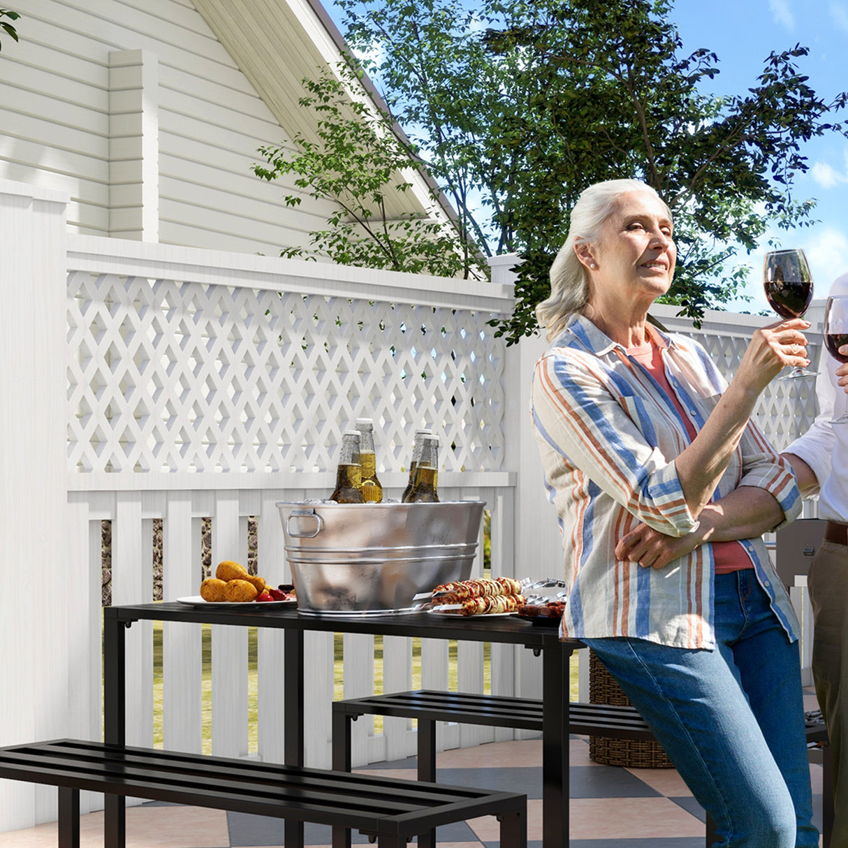 Metal 3 Pieces Garden Dining Set with 2 Benches in Slated Design - Velmora