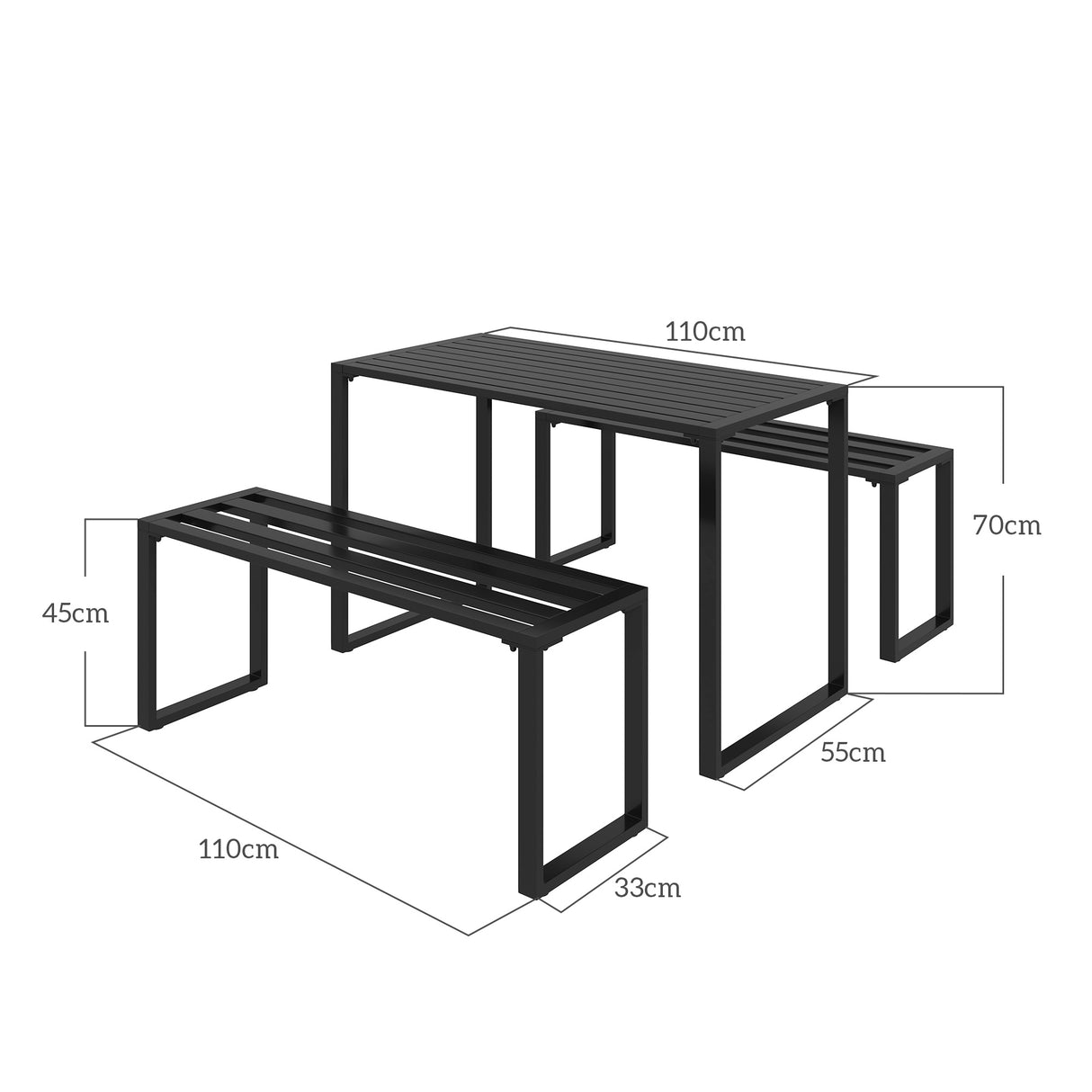 Metal 3 Pieces Garden Dining Set with 2 Benches in Slated Design - Velmora