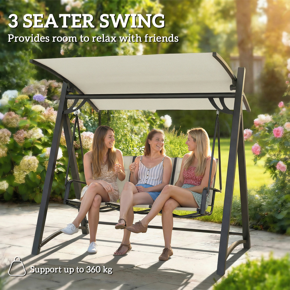 Metal 3 Seater Garden Swing Chair Bench With Adjustable Tilting Canopy - Velmora