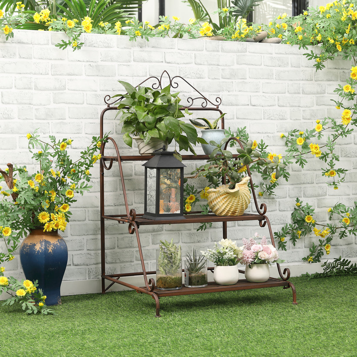 Metal 3 Tier Folding Plant Stand 60.5cm Wide - Velmora