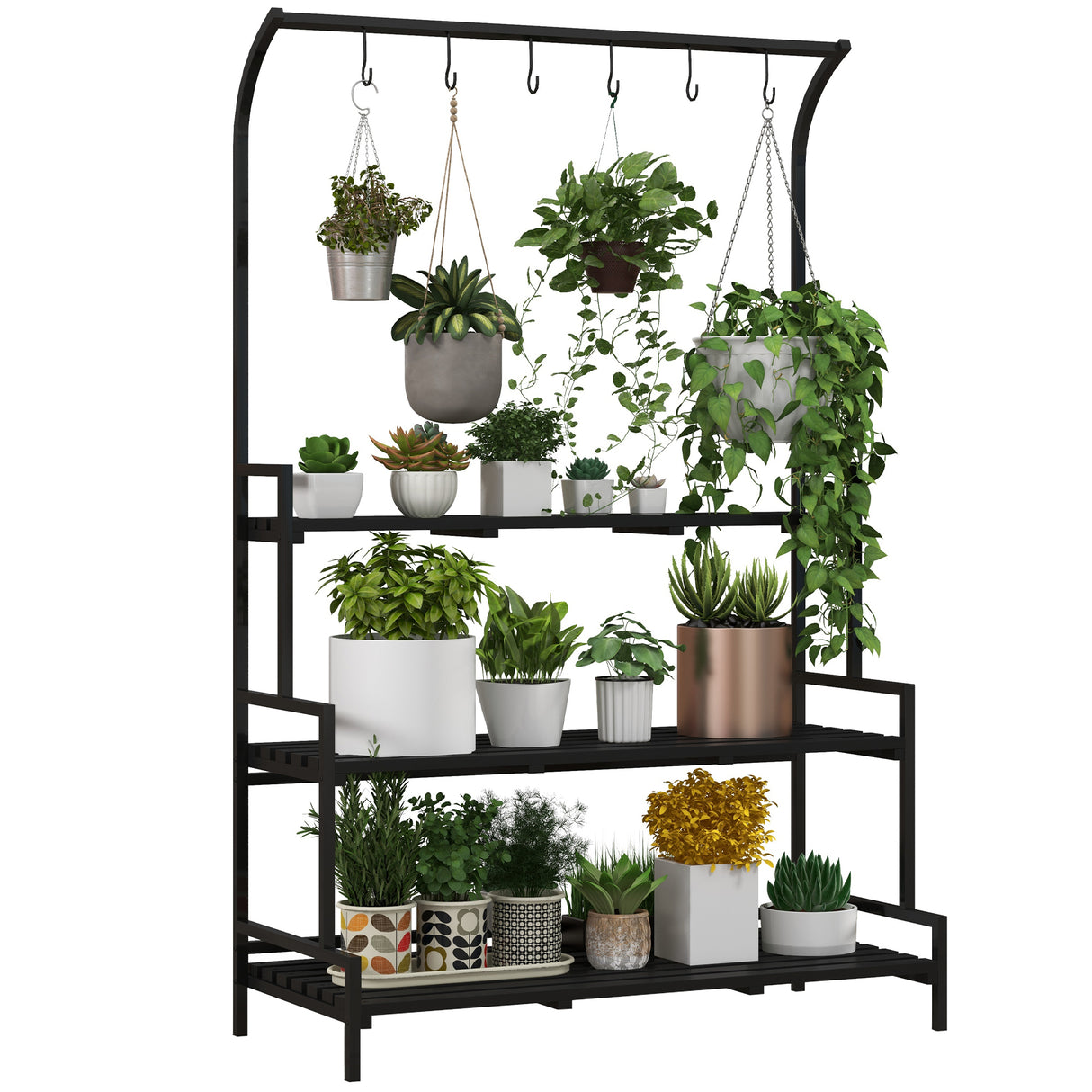 Metal 3 Tier Plant Stand 110cm Wide With Hanging Hooks - Velmora