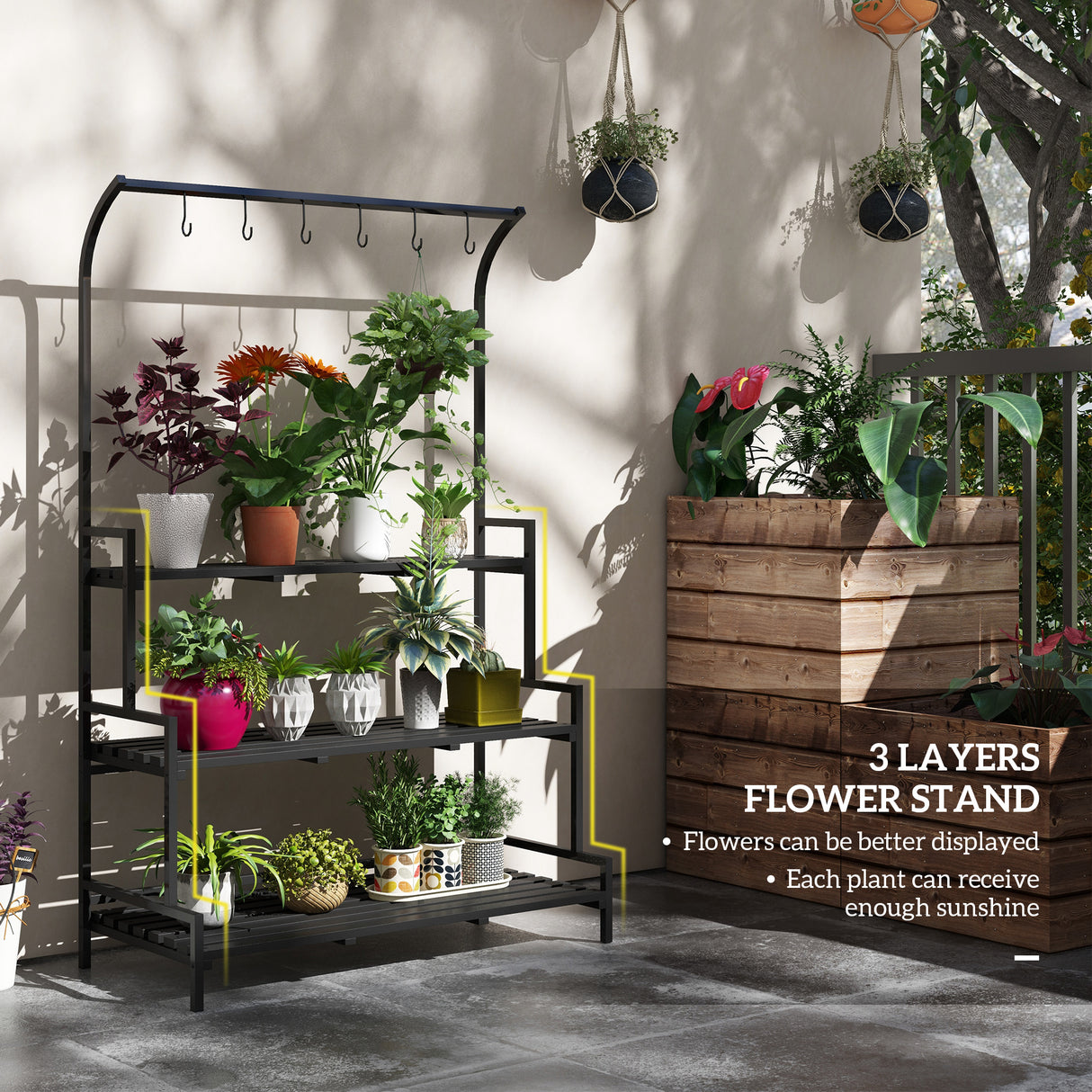 Metal 3 Tier Plant Stand 110cm Wide With Hanging Hooks - Velmora