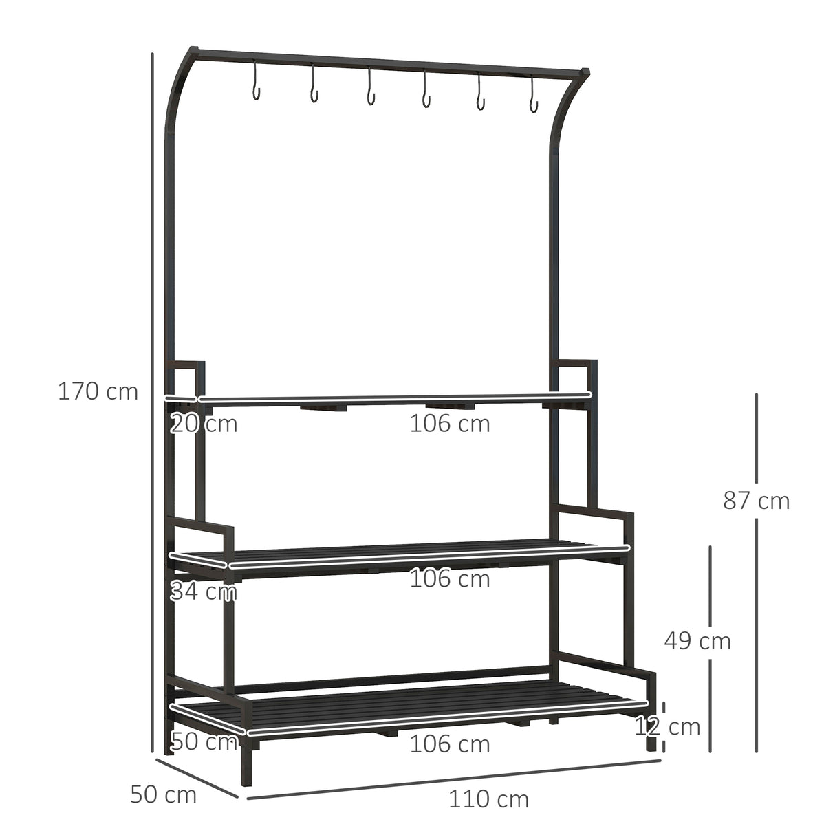 Metal 3 Tier Plant Stand 110cm Wide With Hanging Hooks - Velmora