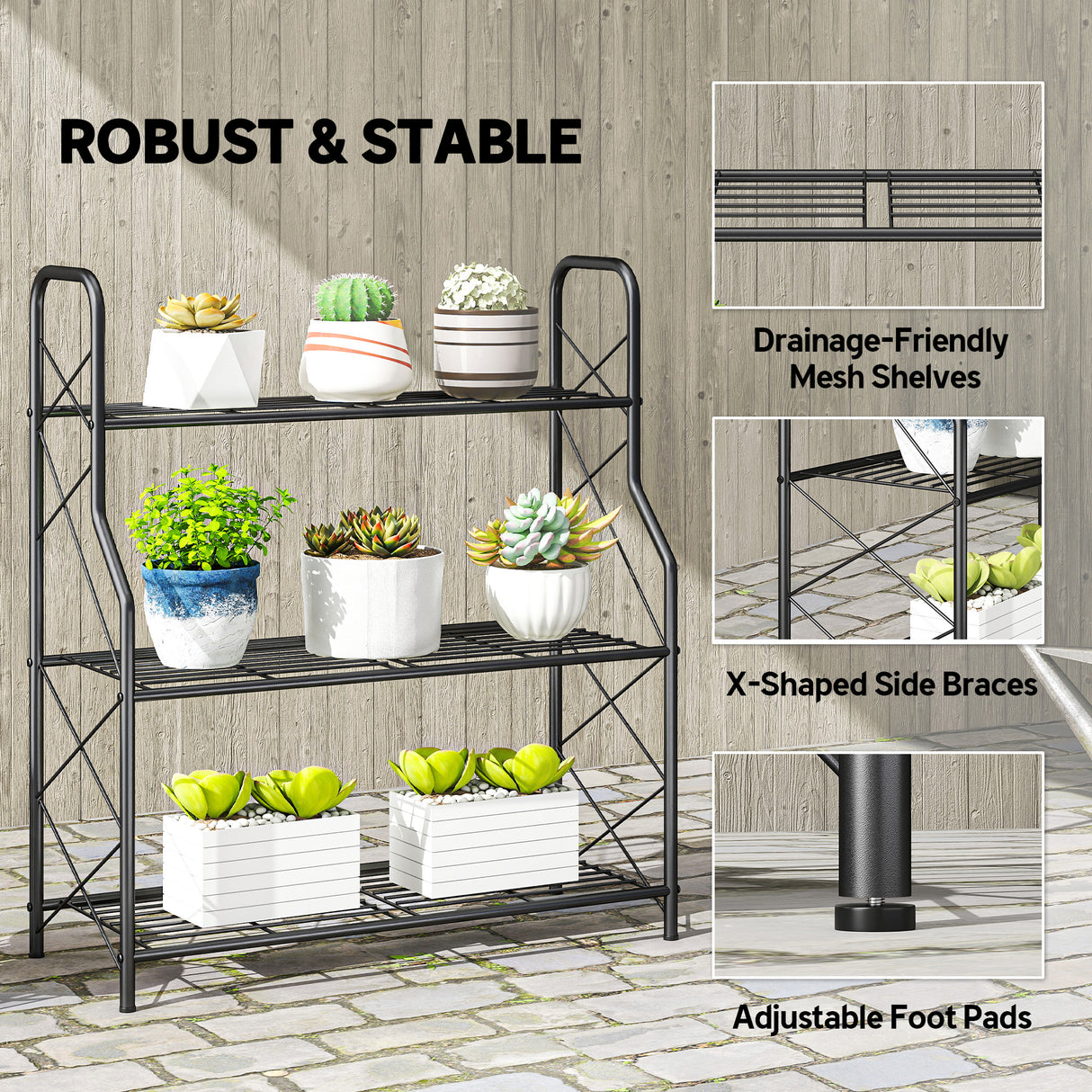 Metal 3 Tier Plant Stand 69cm Wide - Velmora