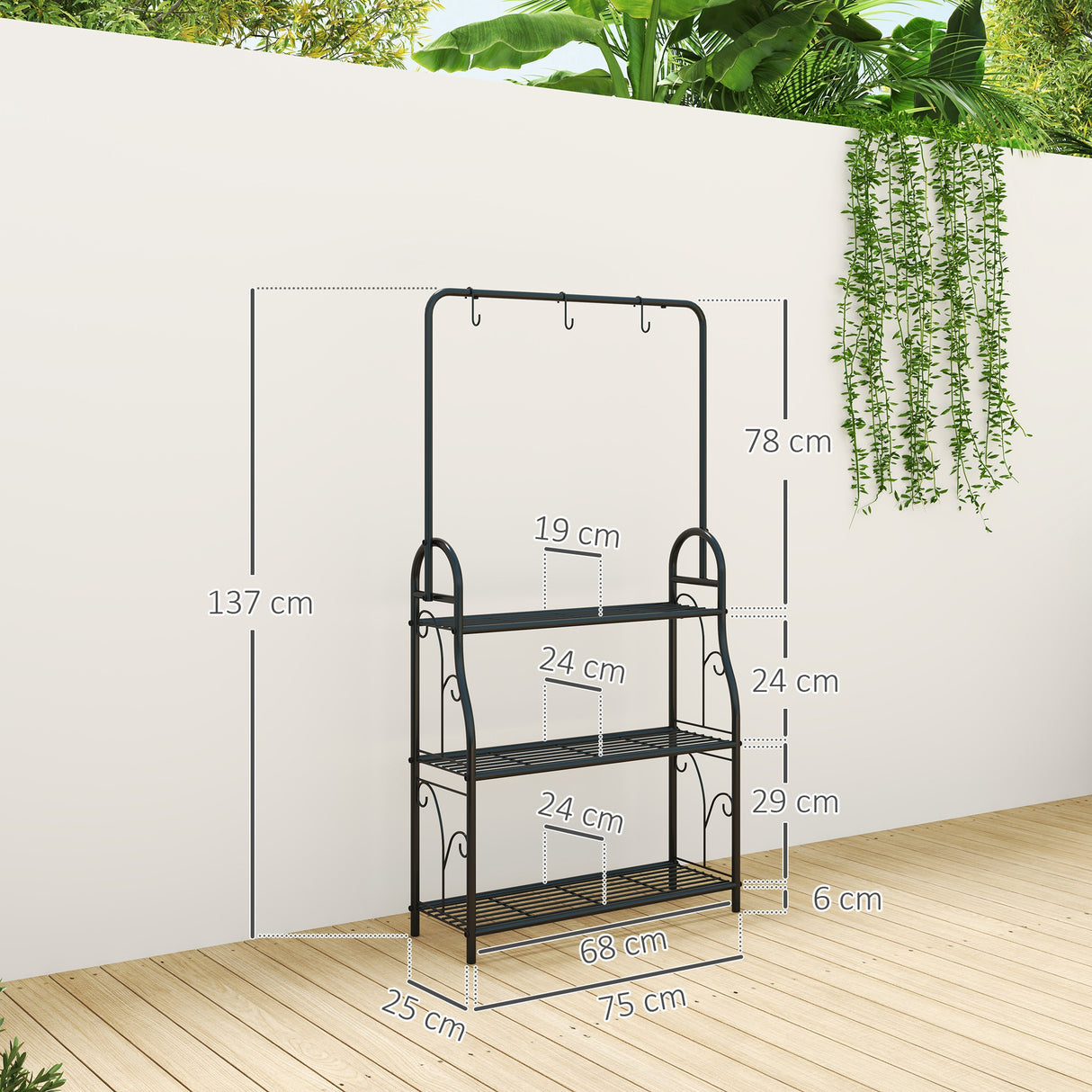 Metal 3 Tier Plant Stand 75cm Wide With Hanging Hooks - Velmora