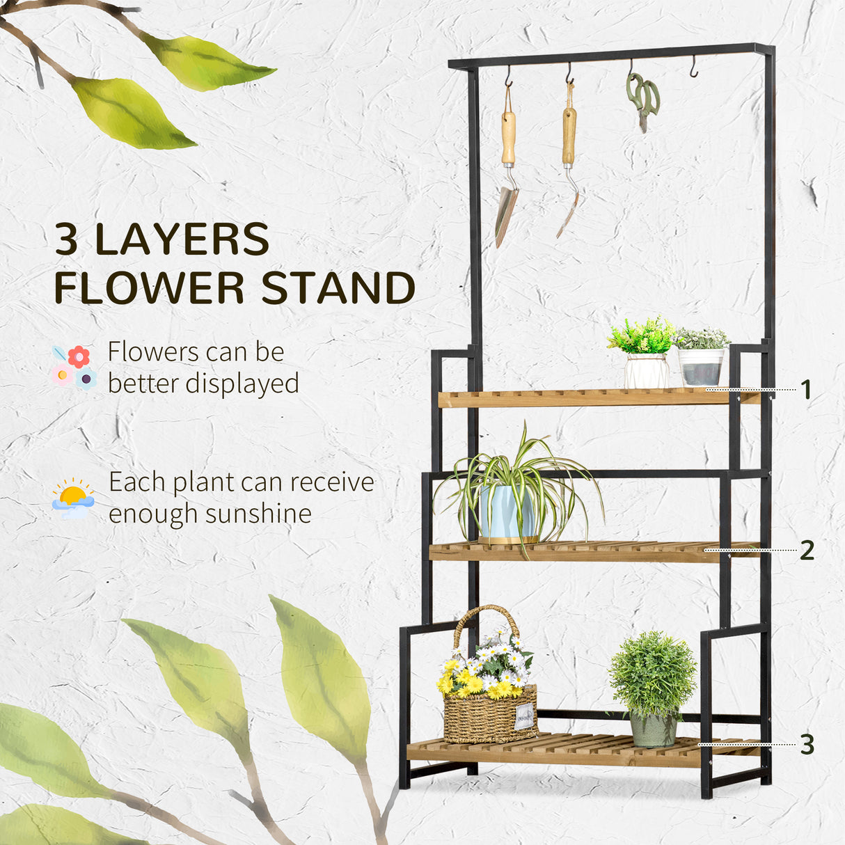 Metal 3 Tier Plant Stand 80cm Wide With Hanging Hooks - Velmora