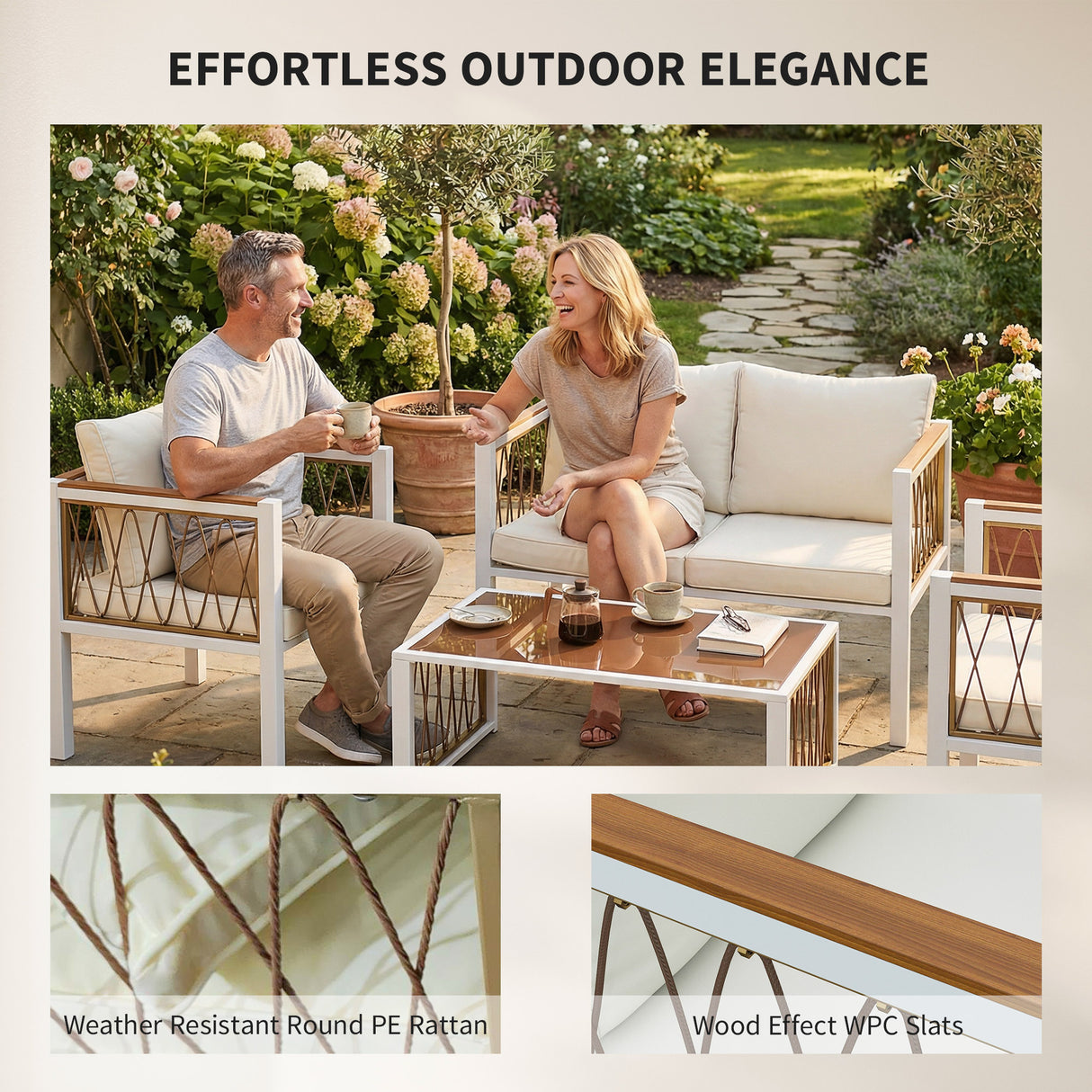 Metal 4 Pieces Conversation Garden Sofa Set With 2 Armchairs and Table - Velmora