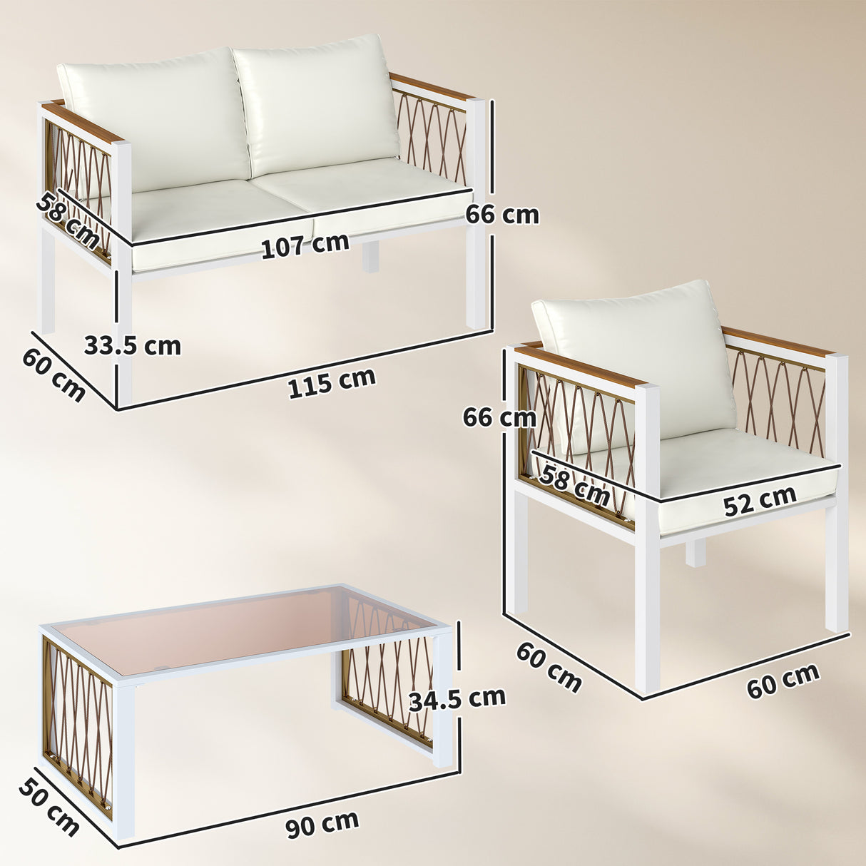 Metal 4 Pieces Conversation Garden Sofa Set With 2 Armchairs and Table - Velmora