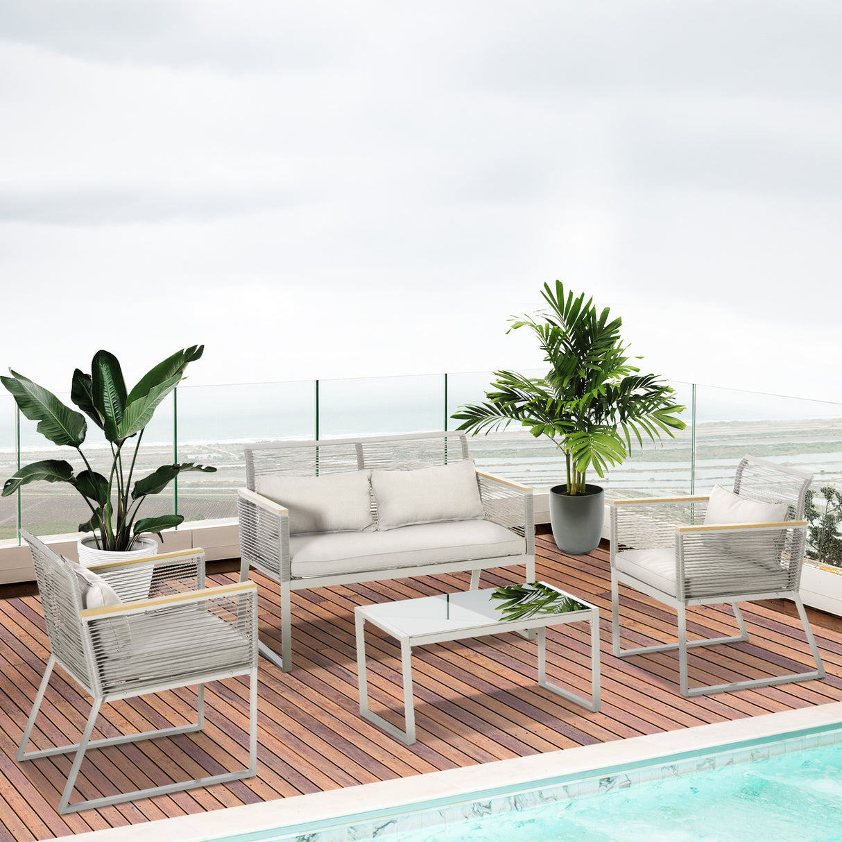 Metal 4 Pieces Garden Sofa Set With Rectangular Coffee Table - Velmora