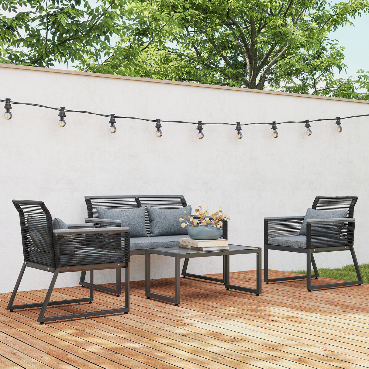 Metal 4 Pieces Garden Sofa Set With Rectangular Coffee Table - Velmora