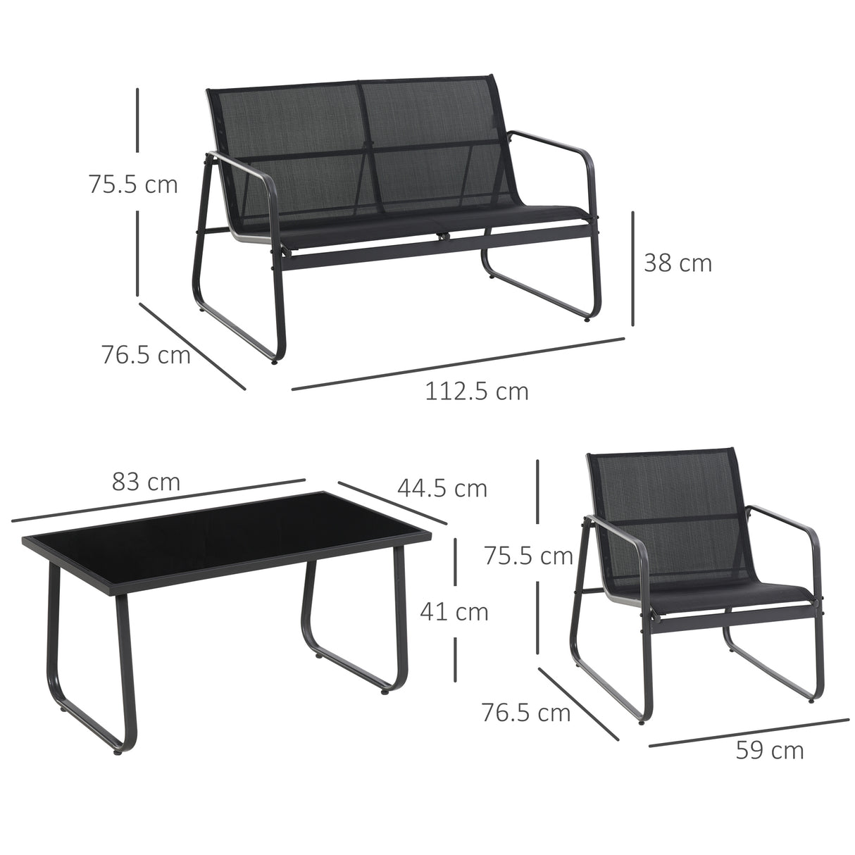 Metal 4 Seater Minimalistic Garden Sofa Set With Glass Top Coffee Table - Velmora