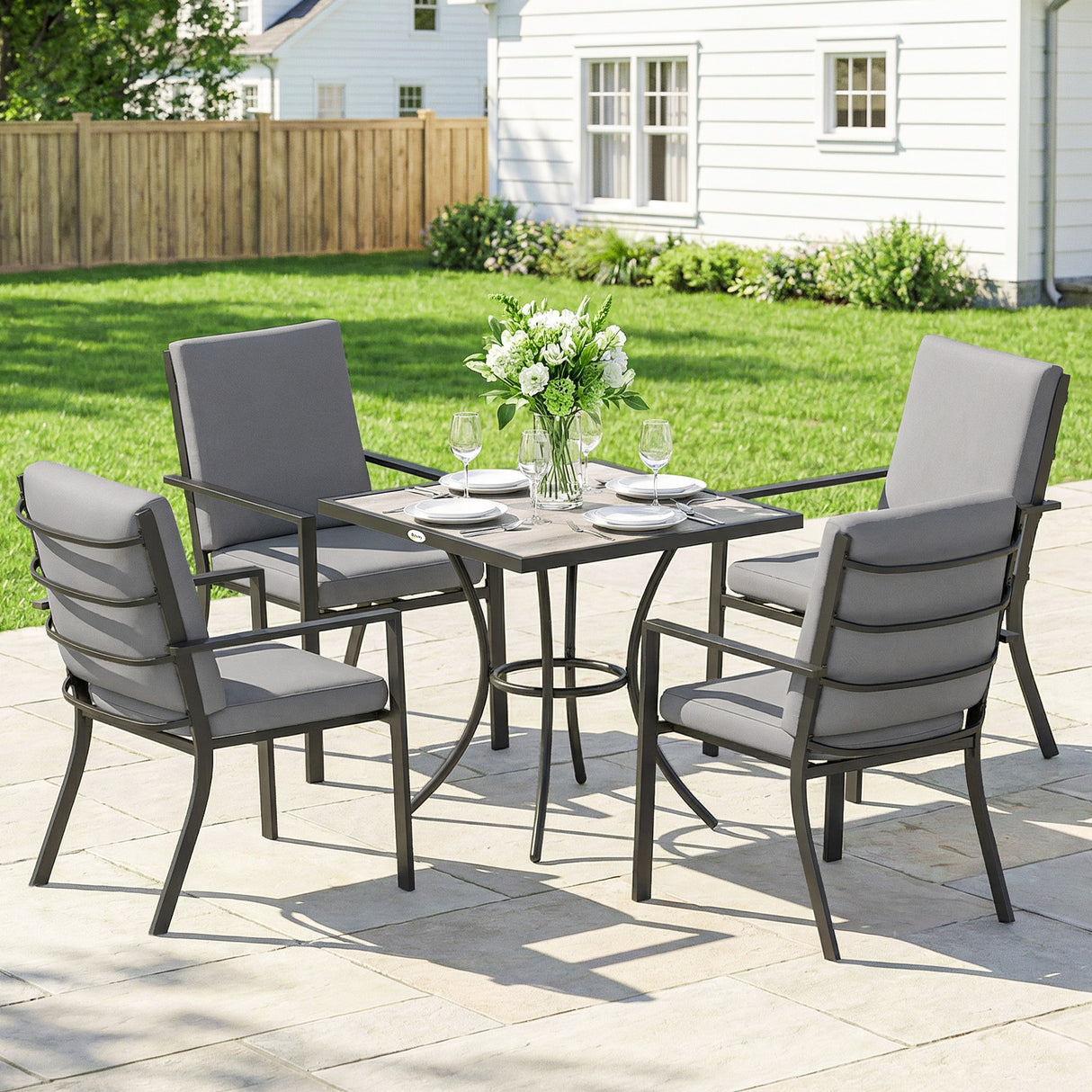 Metal 5 Pieces Square Garden Dining Set With Stackable Chairs And Cushions - Velmora