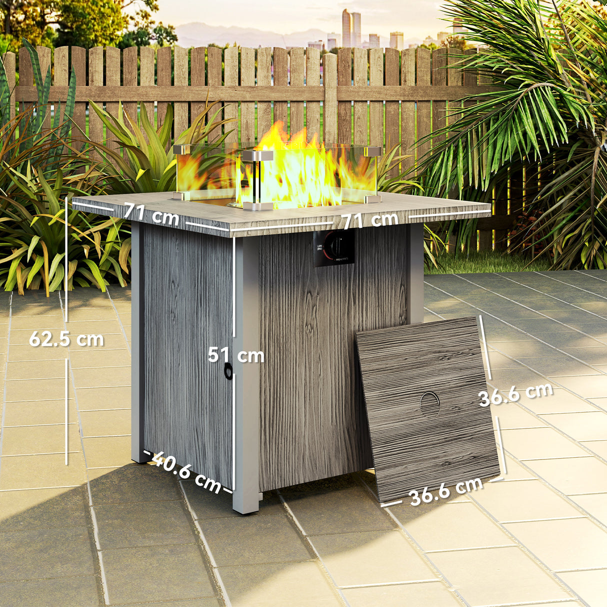 Metal 50,000 BTU Gas Fire Pit Table 71cm With Cover and Glass Screen - Velmora