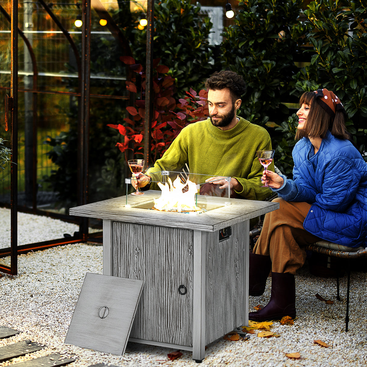 Metal 50,000 BTU Gas Fire Pit Table 71cm With Cover and Glass Screen - Velmora