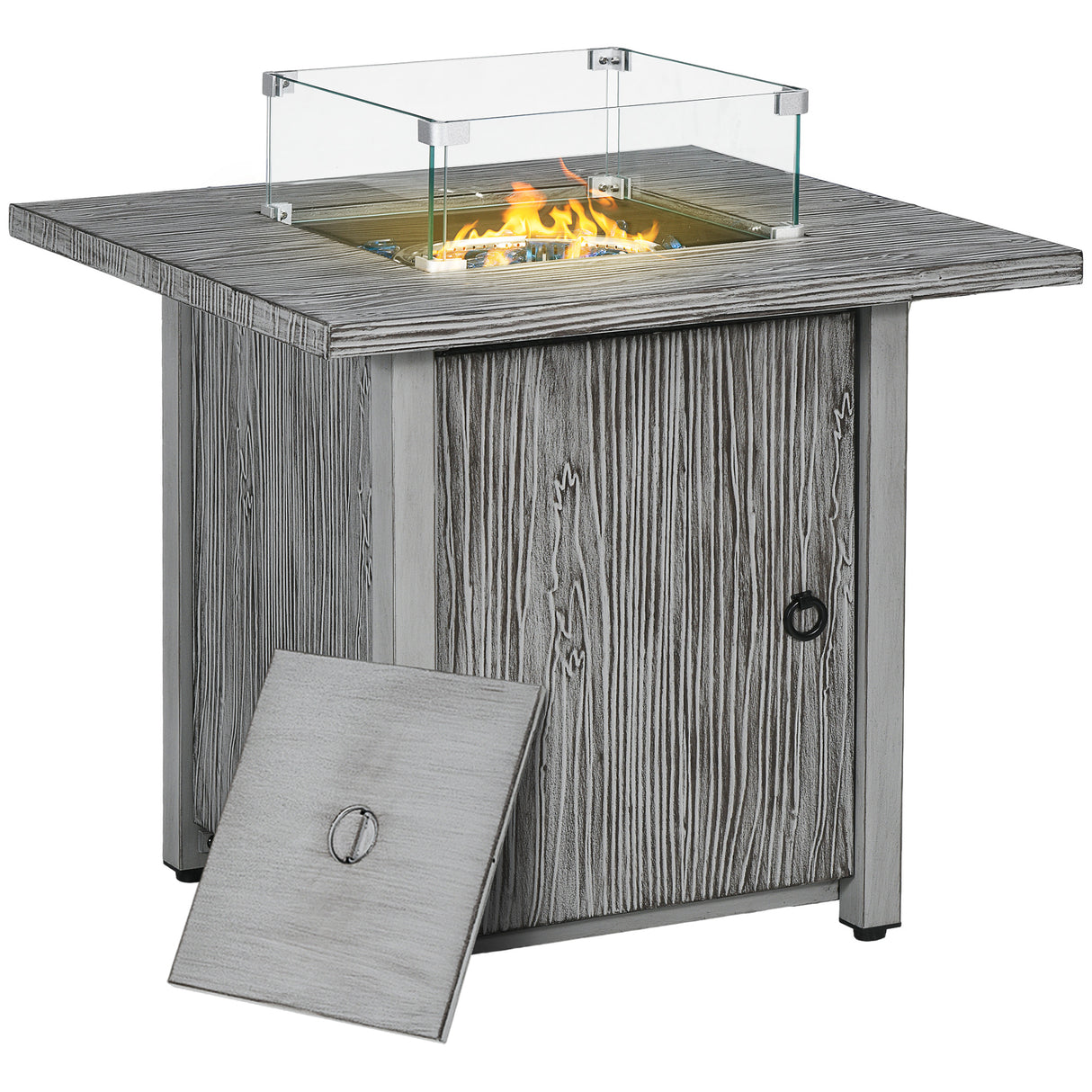 Metal 50,000 BTU Gas Fire Pit Table 71cm With Cover and Glass Screen - Velmora