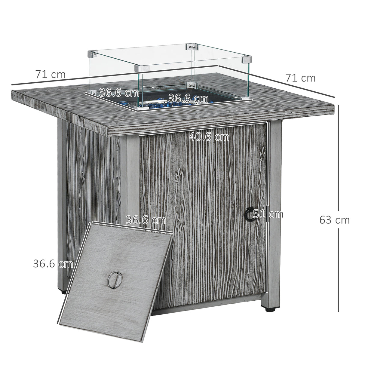 Metal 50,000 BTU Gas Fire Pit Table 71cm With Cover and Glass Screen - Velmora