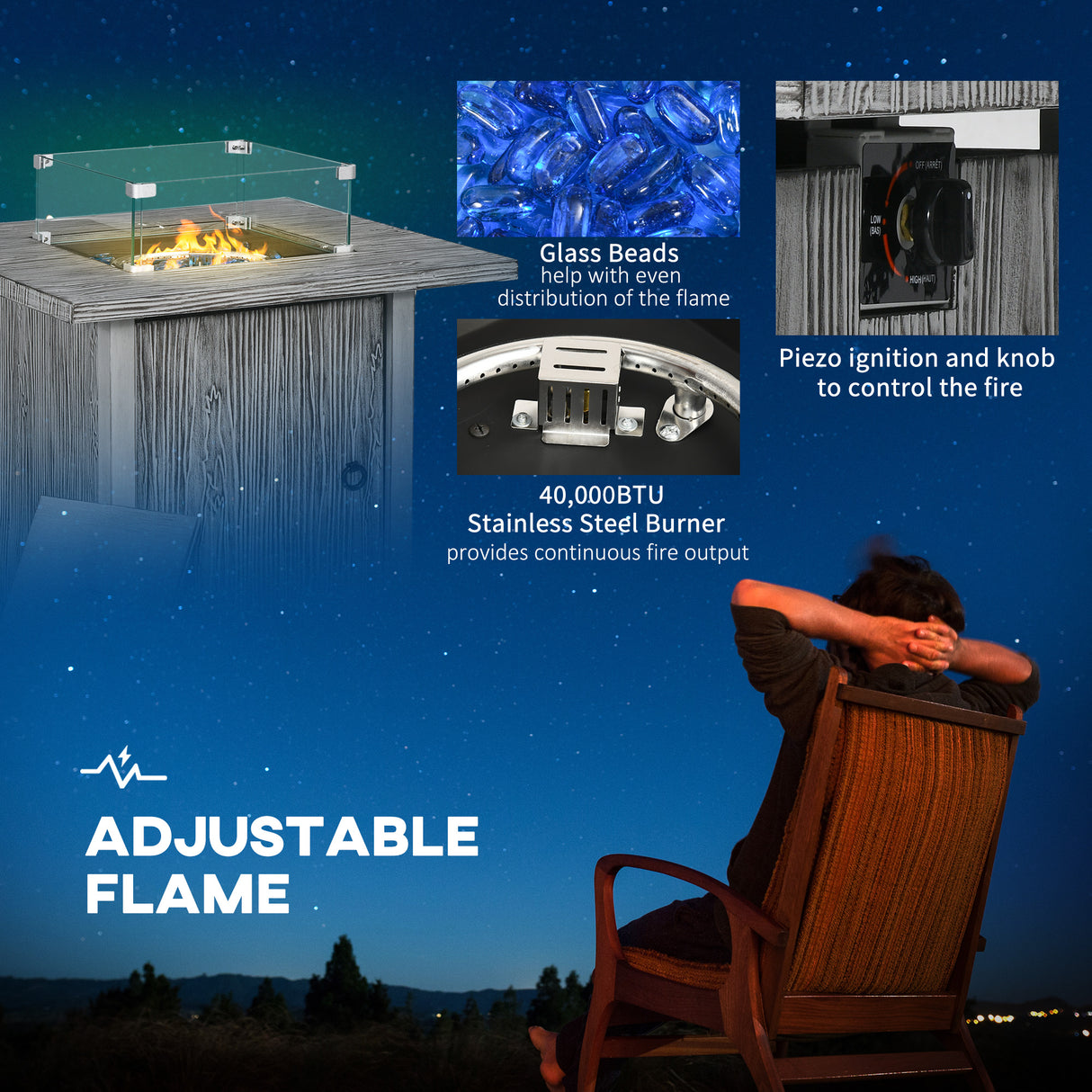 Metal 50,000 BTU Gas Fire Pit Table With Cover and Glass Screen - Velmora