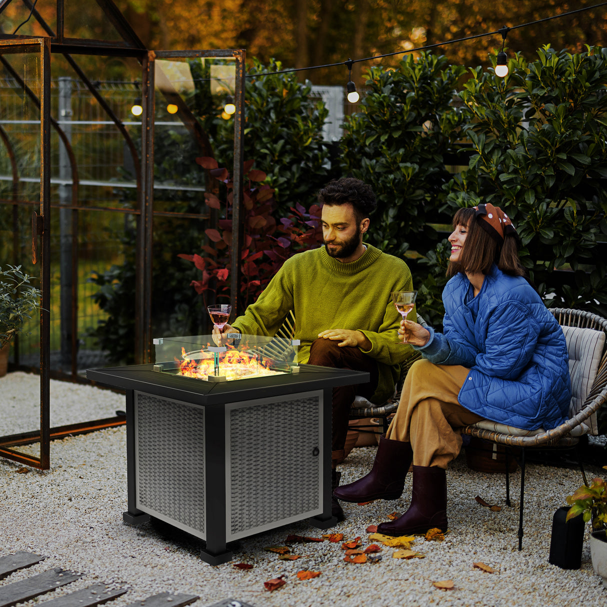 Metal 50,000 BTU Rattan Square Smokeless Fire Pit Table With Glass Screen - Velmora
