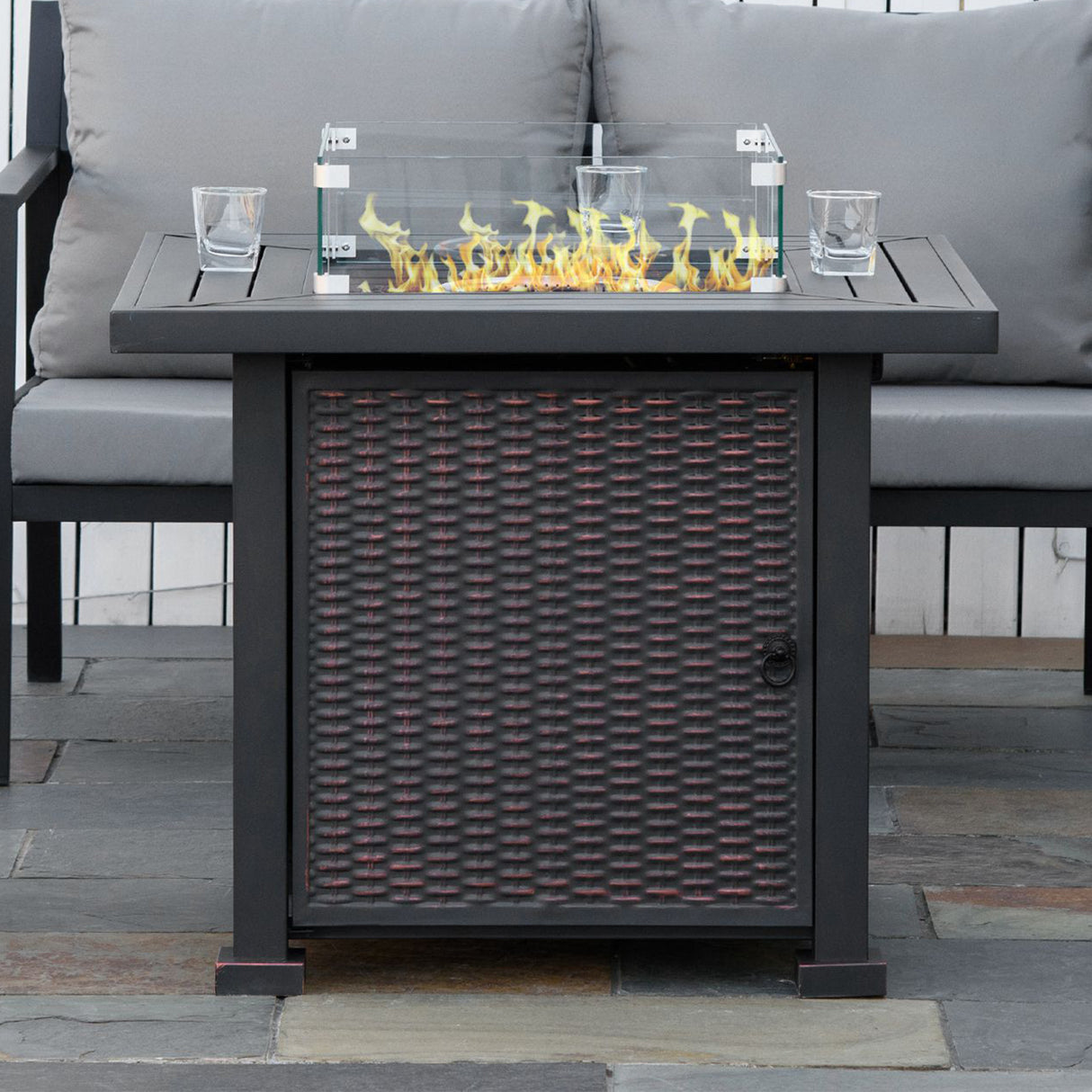 Metal 50,000 BTU Rattan Square Smokeless Fire Pit Table With Glass Screen - Velmora