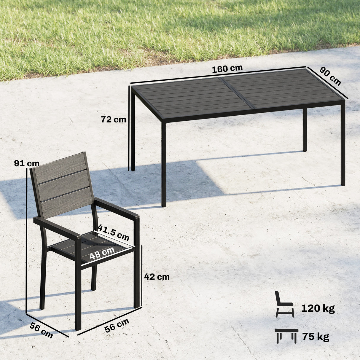 Metal 6 Seater Garden Dining Set With Slatted Table top - Velmora