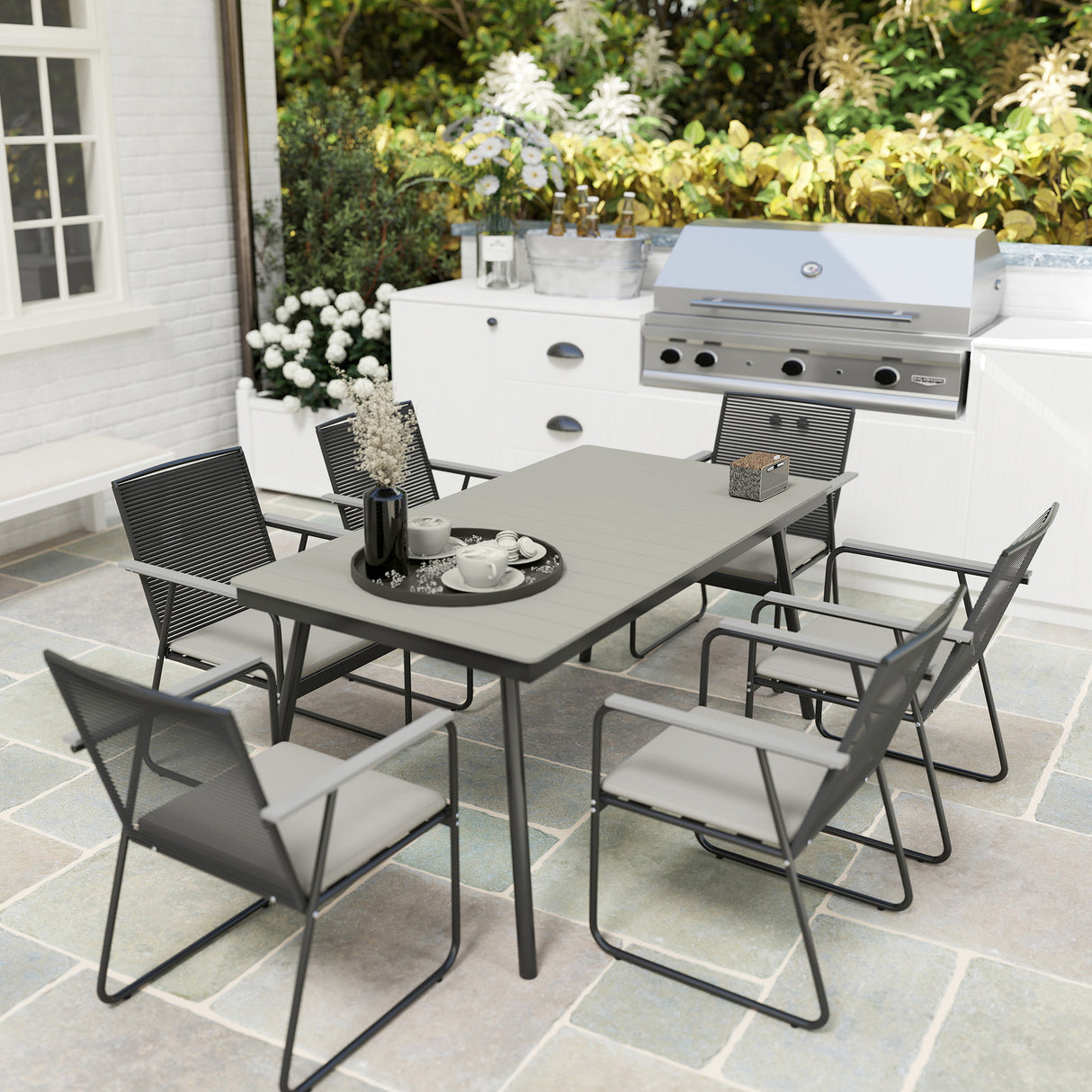 Metal 6 Seater Garden Dining Set With Soft Cushions - Velmora