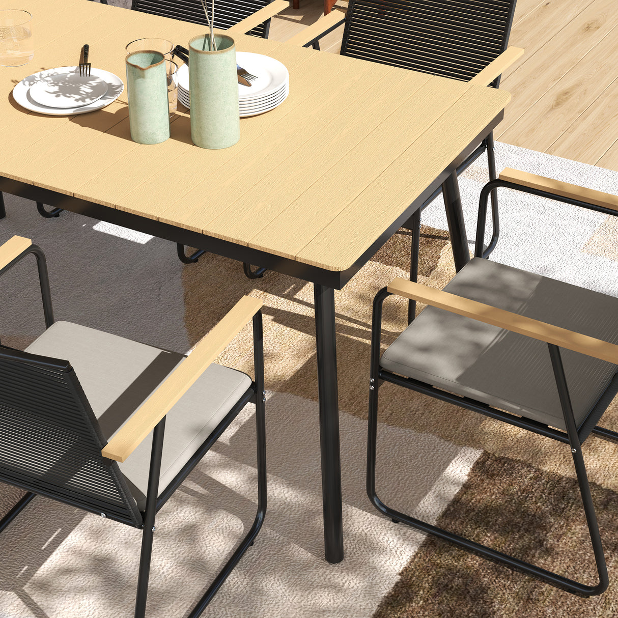 Metal 6 Seater Garden Dining Set With Soft Cushions - Velmora