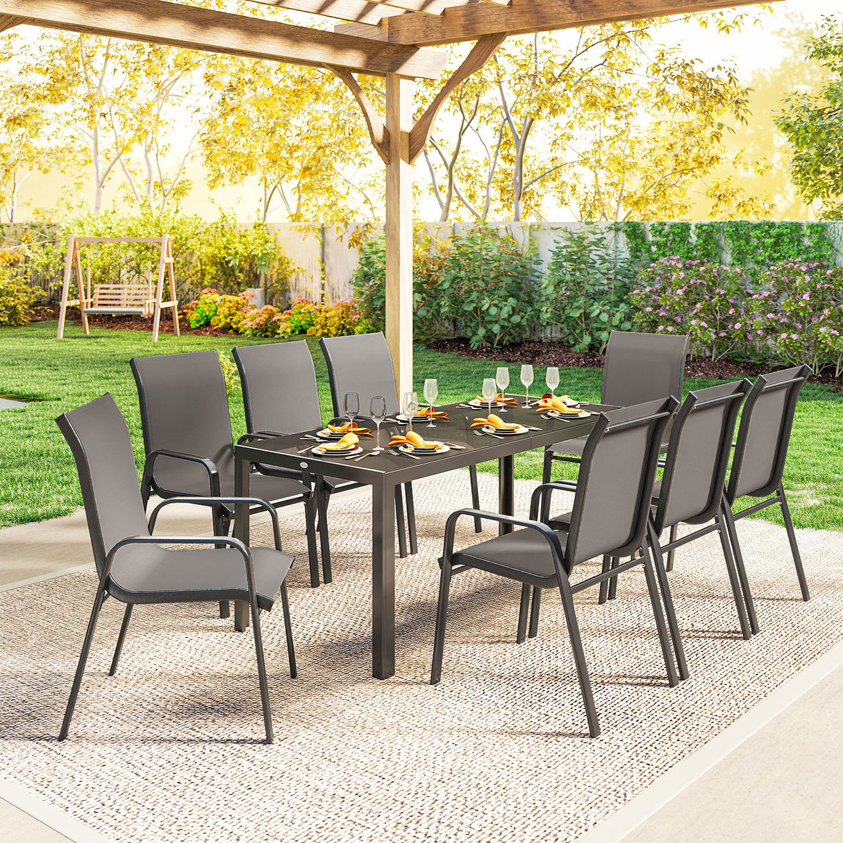 Metal 9 Pieces Garden Dining Set With Glass Top Table for 8 People - Velmora