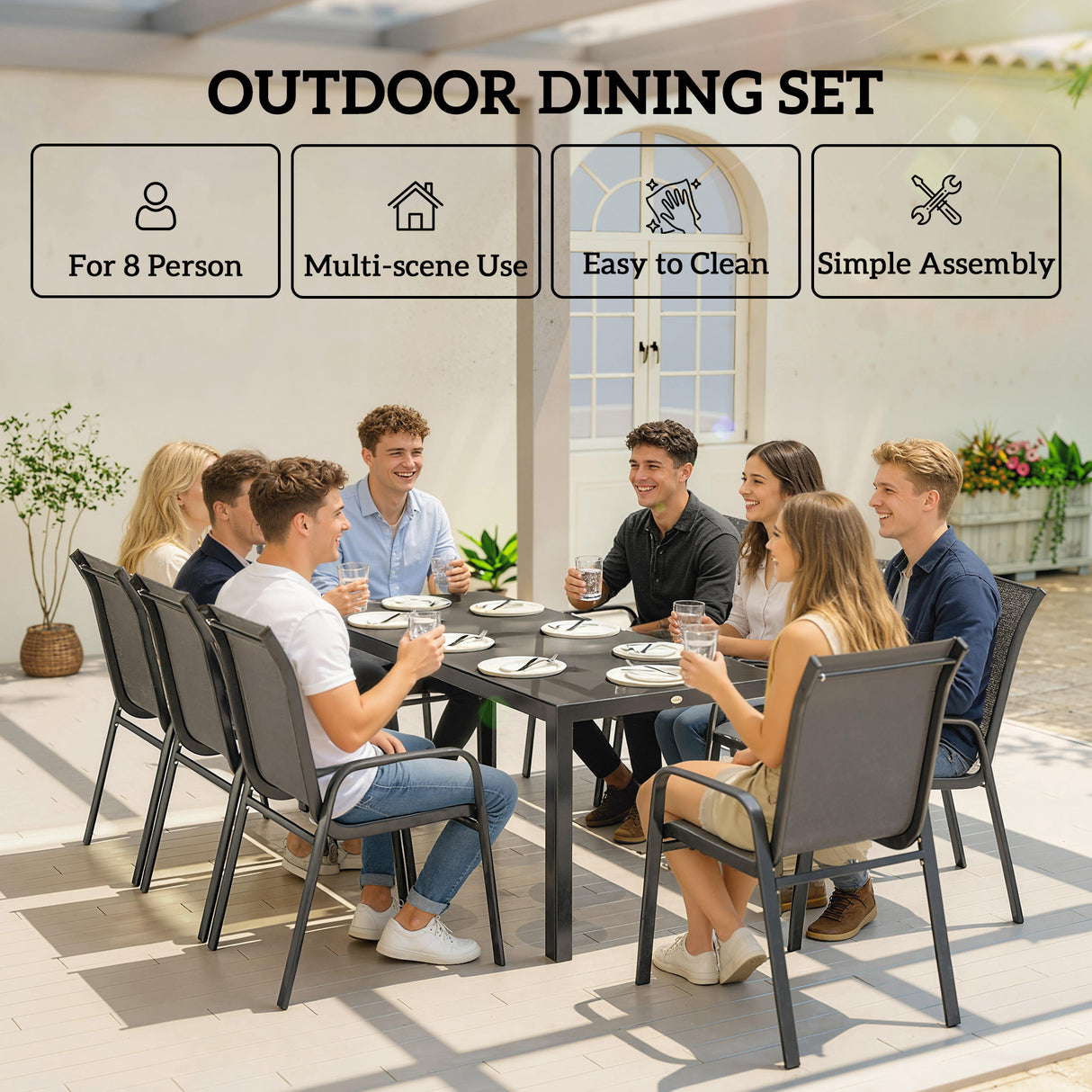 Metal 9 Pieces Garden Dining Set With Glass Top Table for 8 People - Velmora