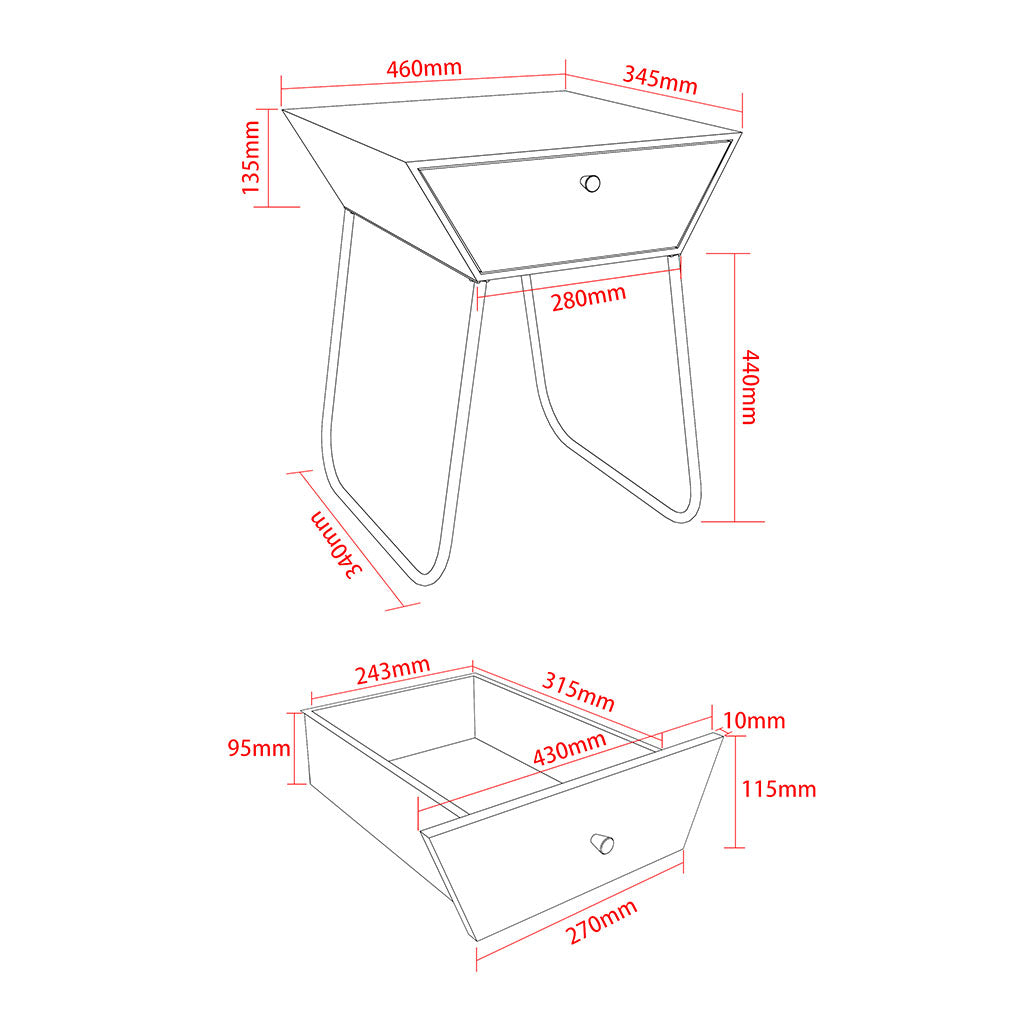 Metal Bedside Cabinet With 1 Drawer And Black Legs - Options
