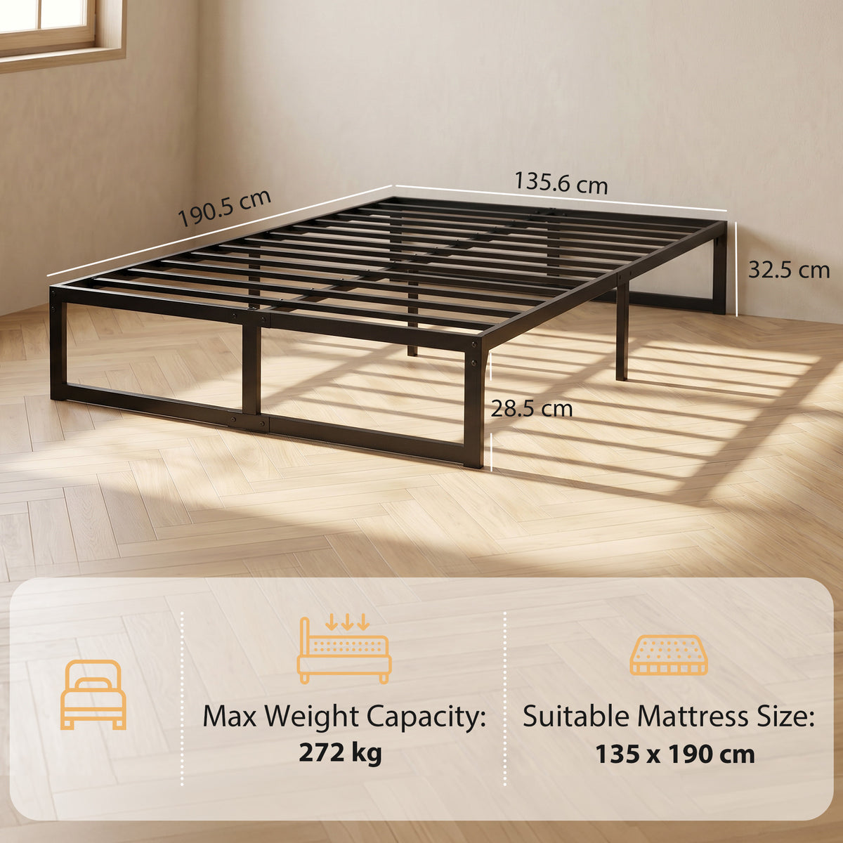 Metal Double Bed 135.6cm Wide - Velmora