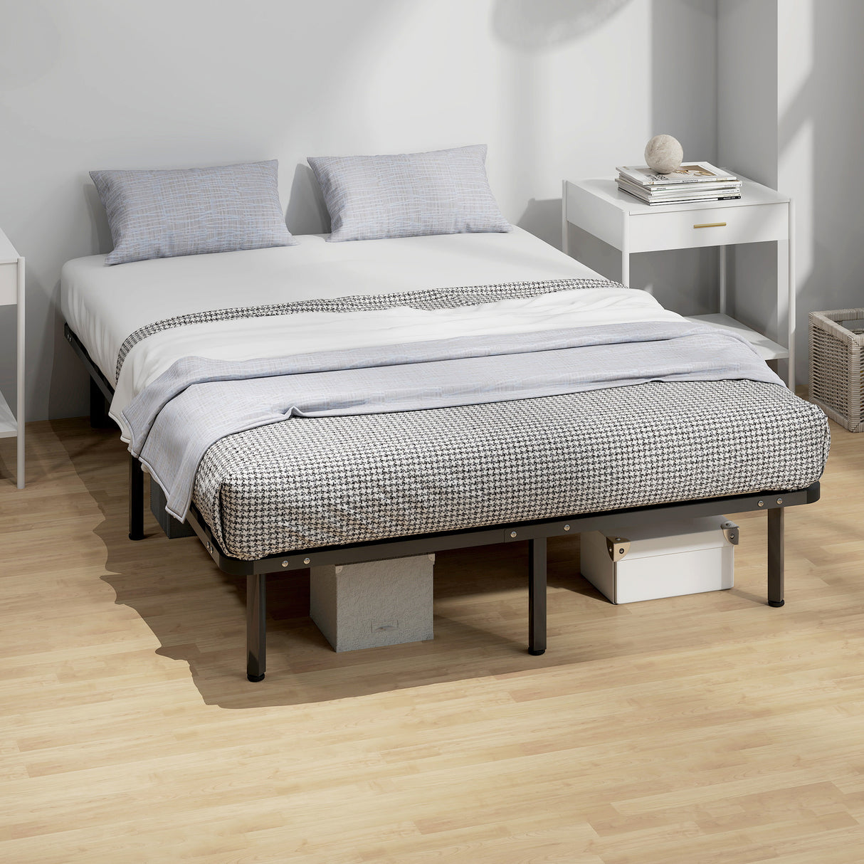 Metal Double Bed 140cm Wide With 28 Wooden Slats - Velmora