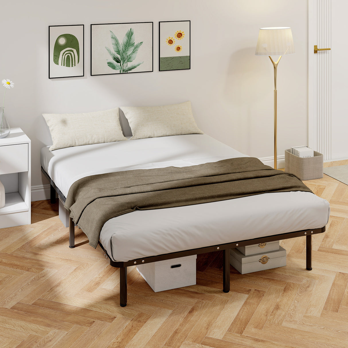 Metal Double Bed 140cm Wide With 28 Wooden Slats - Velmora