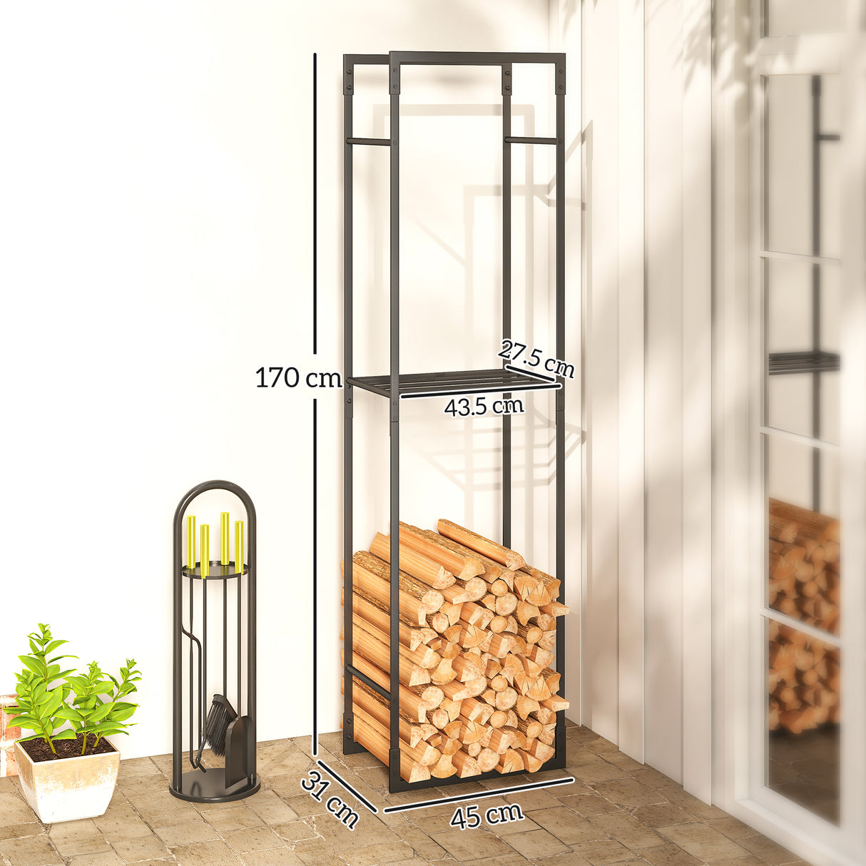 Metal Firewood Rack with Adjustable Shelf Log Holder - Velmora