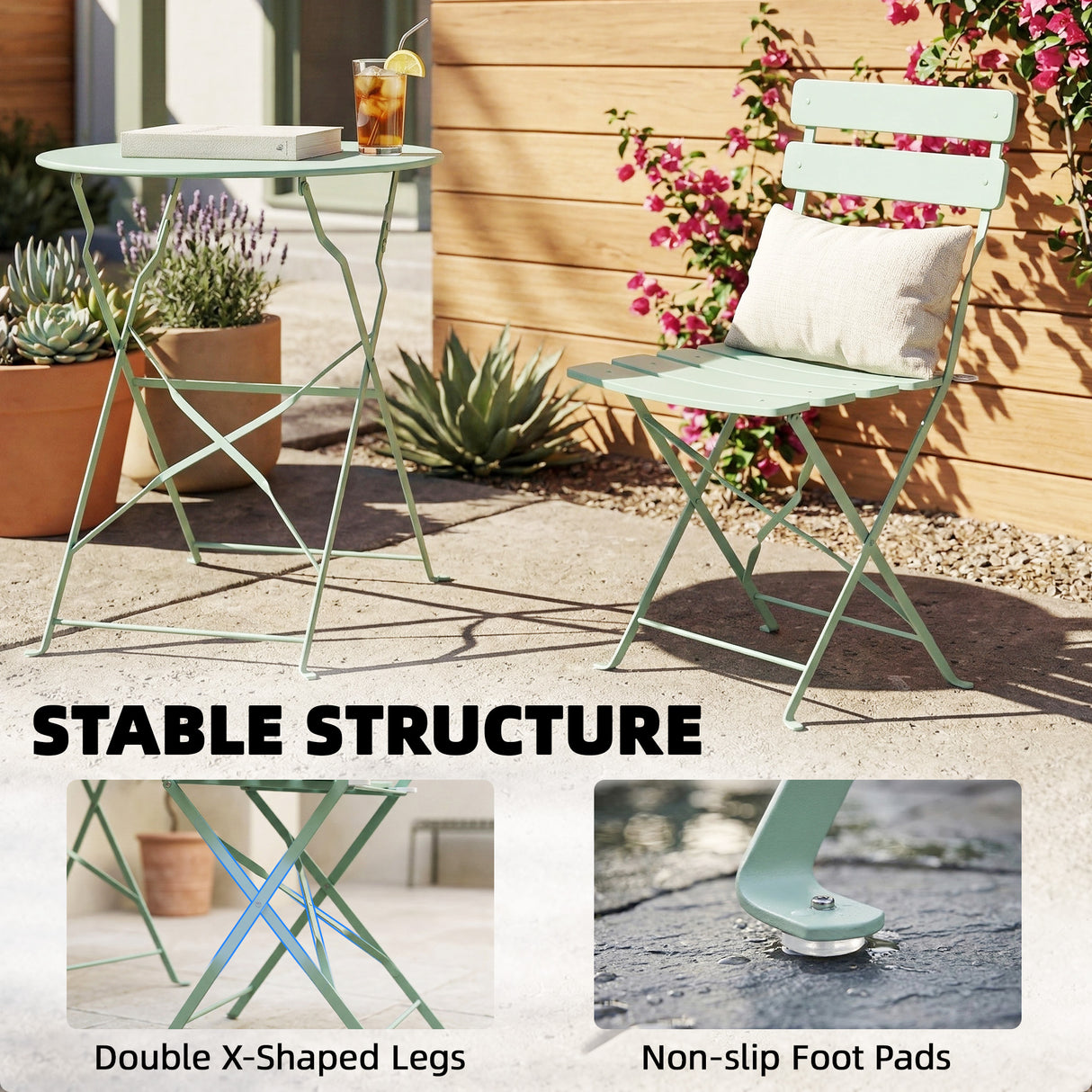 Metal Folding Garden Bistro Set With Round Table - Velmora