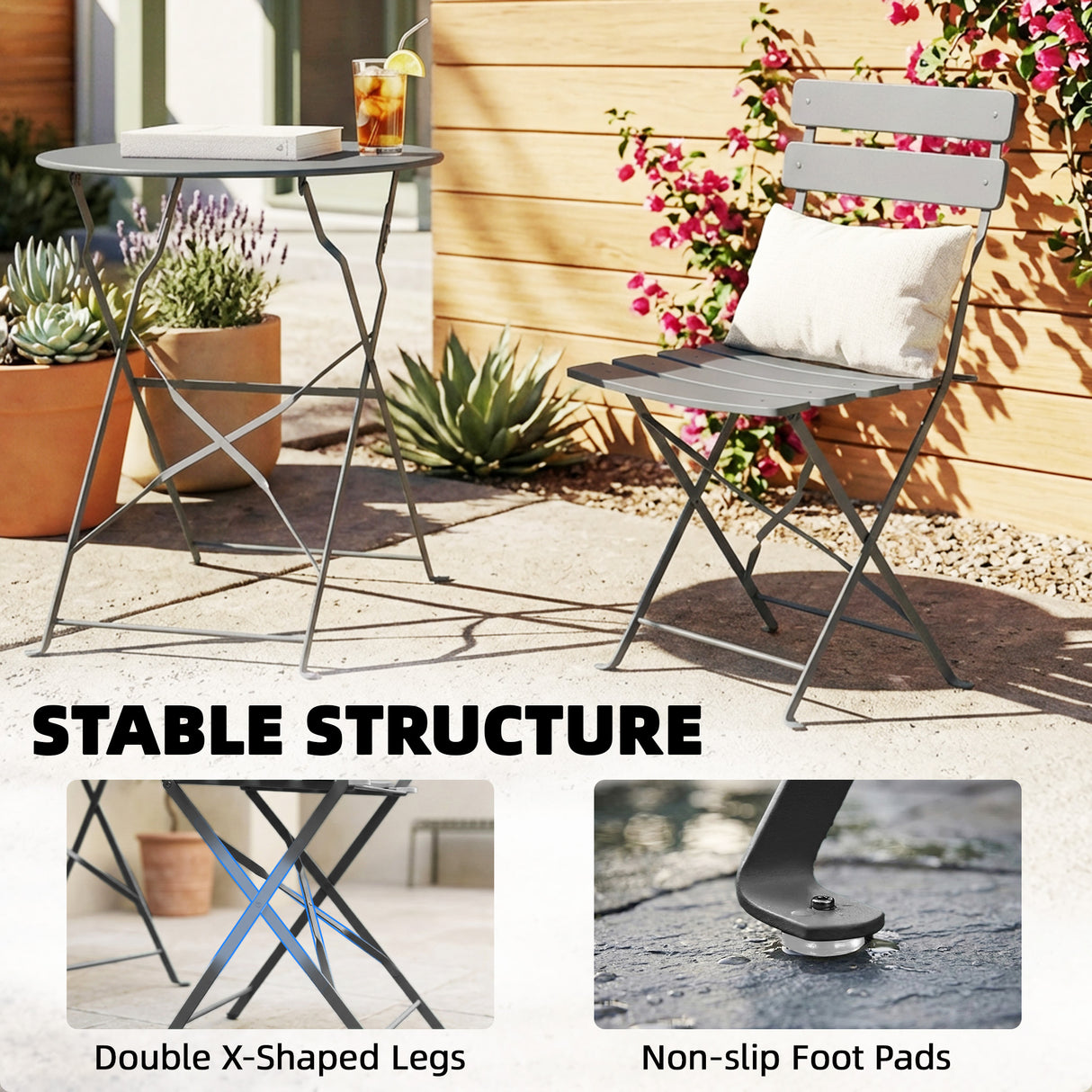 Metal Folding Garden Bistro Set With Round Table - Velmora