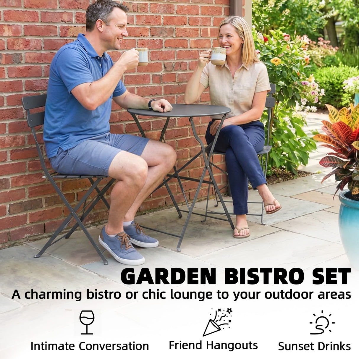 Metal Folding Garden Bistro Set With Round Table - Velmora