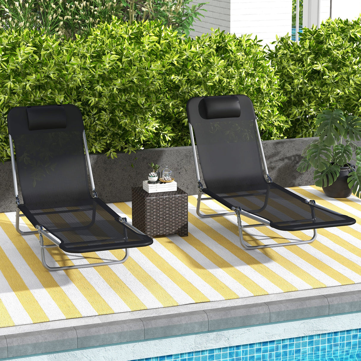 Metal Folding Garden Sun Lounger in Set of 2 With Head Pillow - Velmora