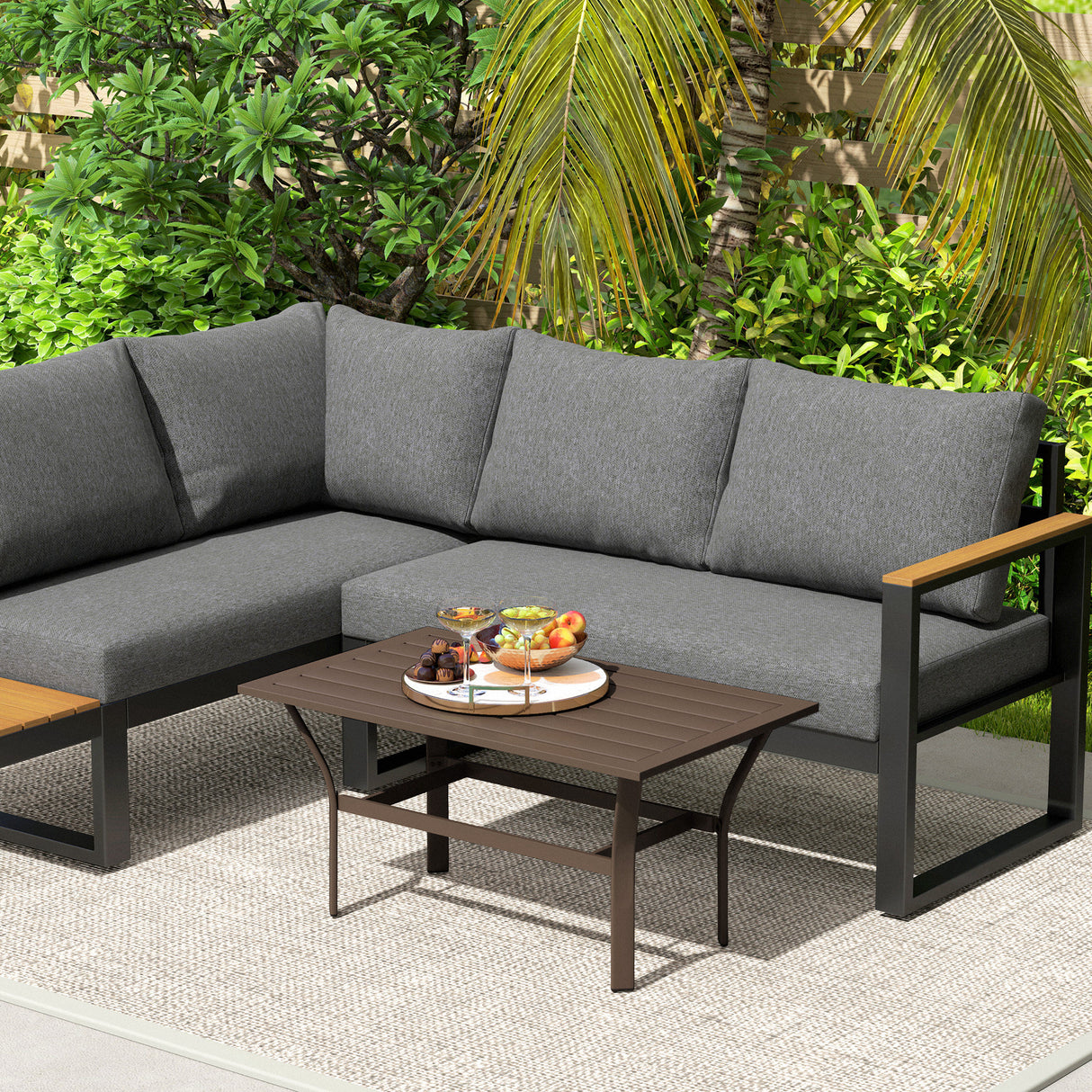 Metal Garden Coffee Table Rectangular With Slatted Table Top - Velmora