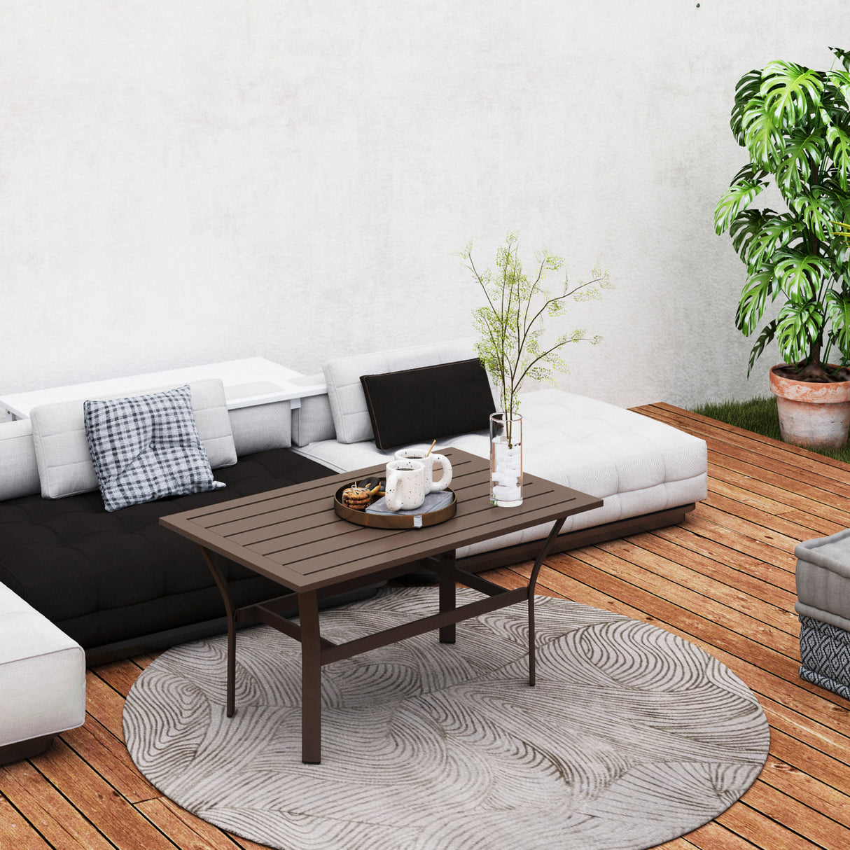 Metal Garden Coffee Table Rectangular With Slatted Table Top - Velmora