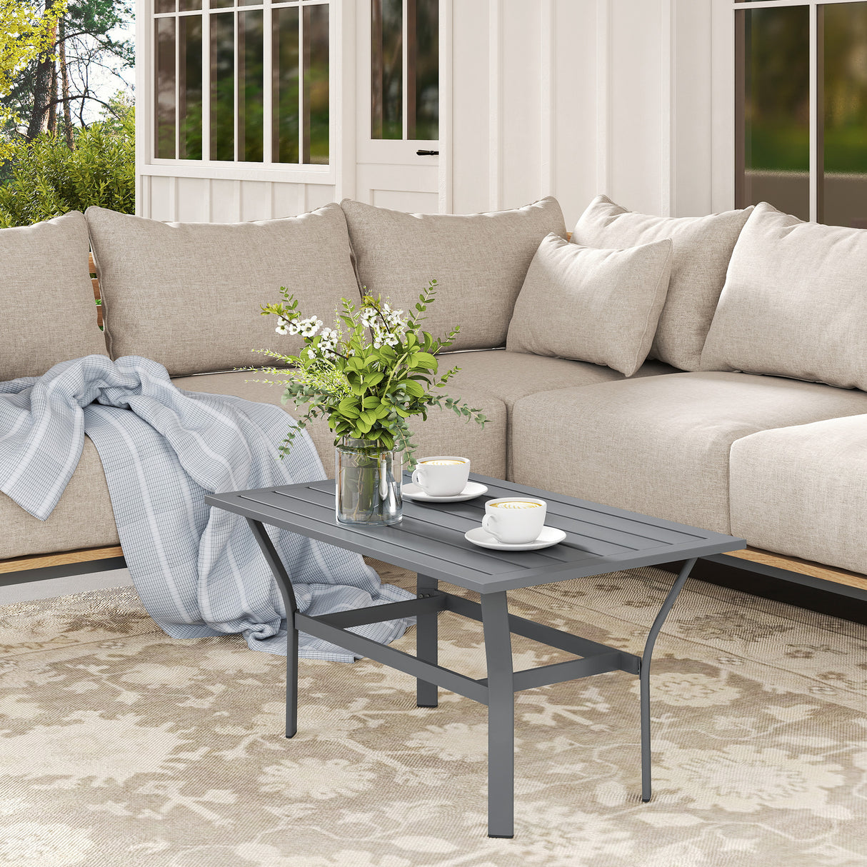 Metal Garden Coffee Table Rectangular With Slatted Table Top - Velmora