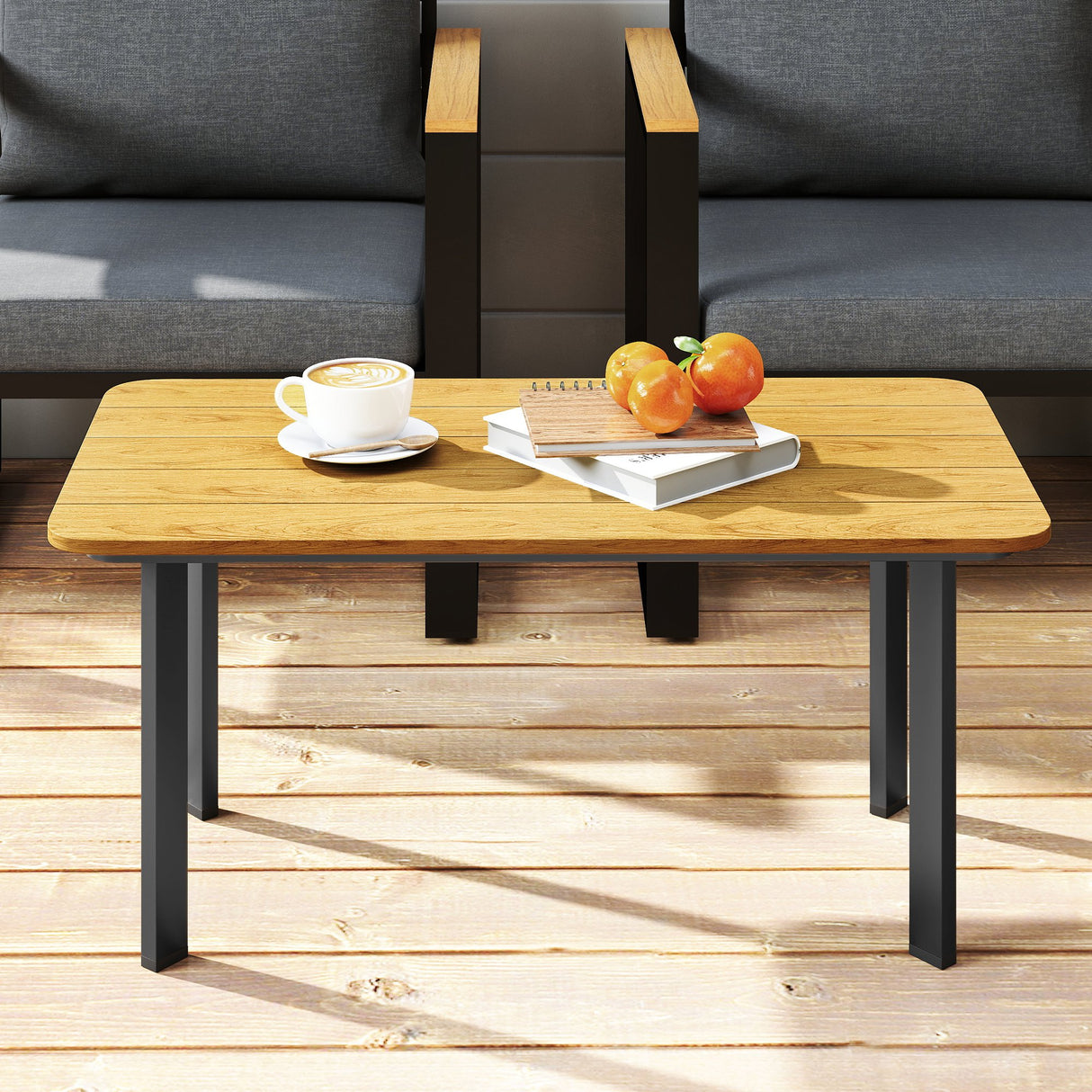 Metal Garden Coffee Table Rectangular With Slatted Wood Plastic Composite Top - Velmora