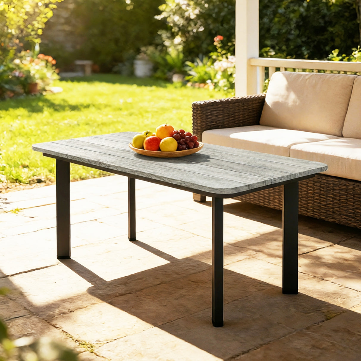 Metal Garden Coffee Table Rectangular With Slatted Wood Plastic Composite Top - Velmora