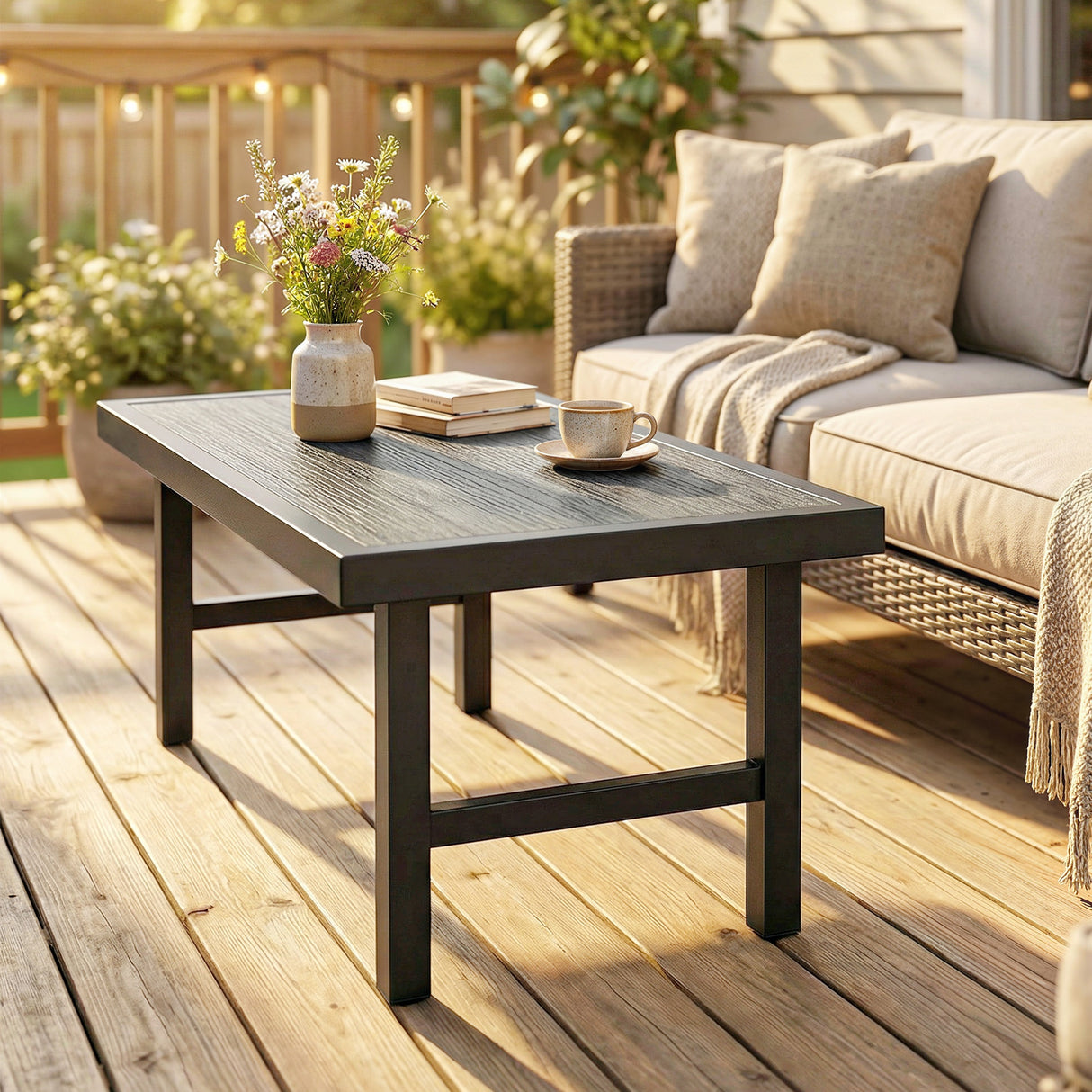 Metal Garden Coffee Table Rectangular With SPC Woodgrain Table top - Velmora