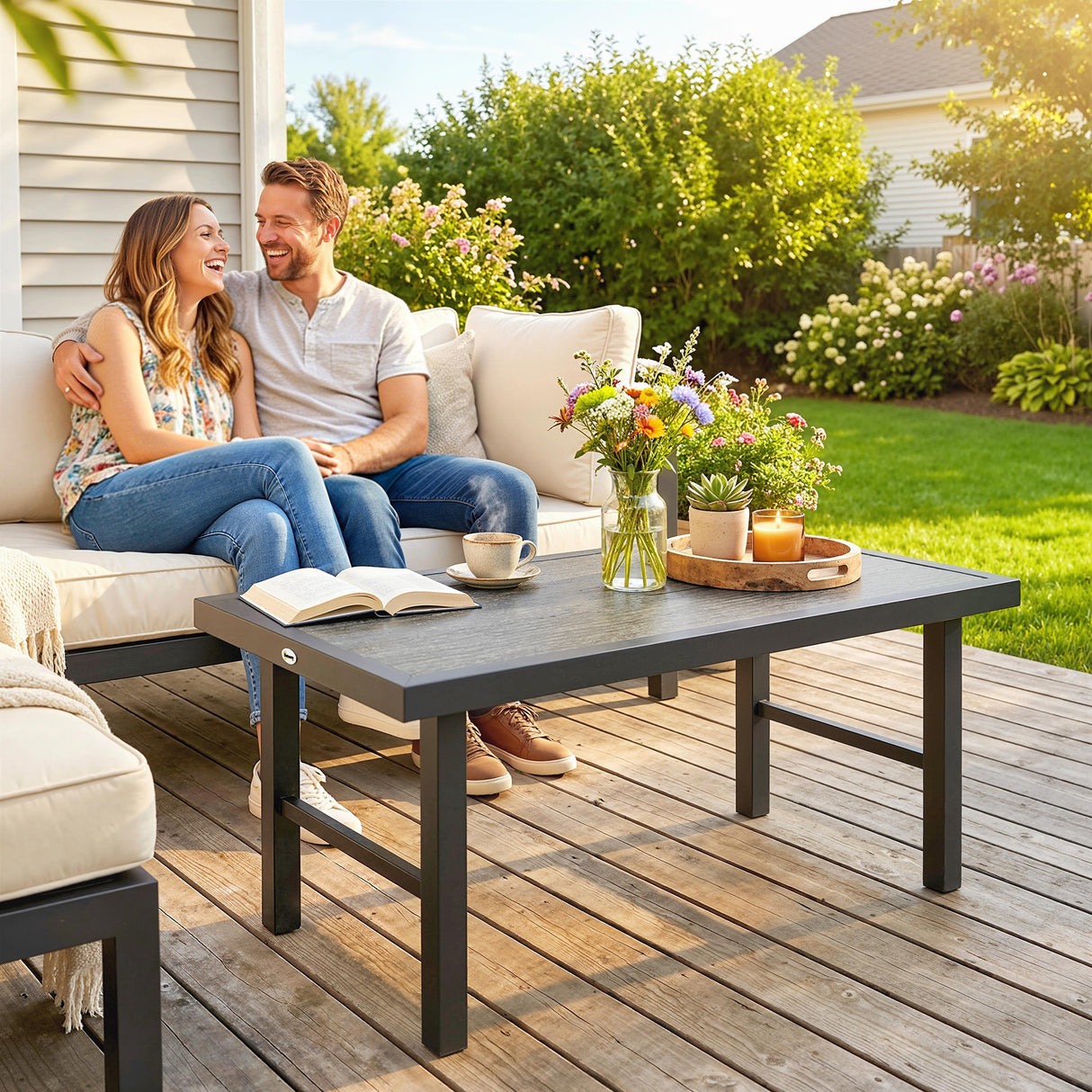 Metal Garden Coffee Table Rectangular With SPC Woodgrain Table top - Velmora