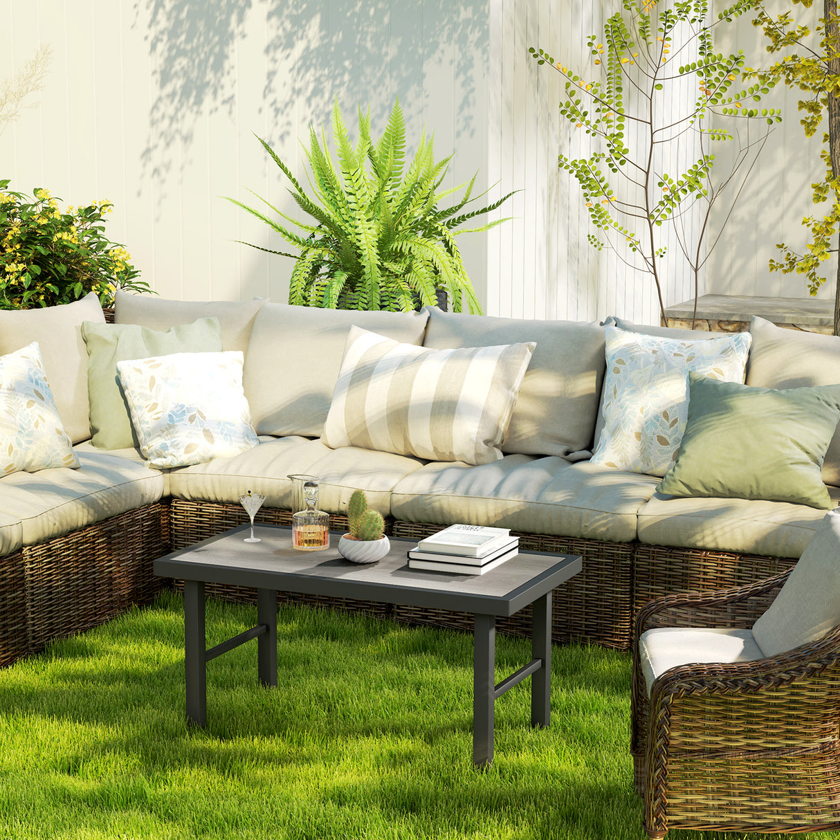 Metal Garden Coffee Table Rectangular With SPC Woodgrain Table top - Velmora