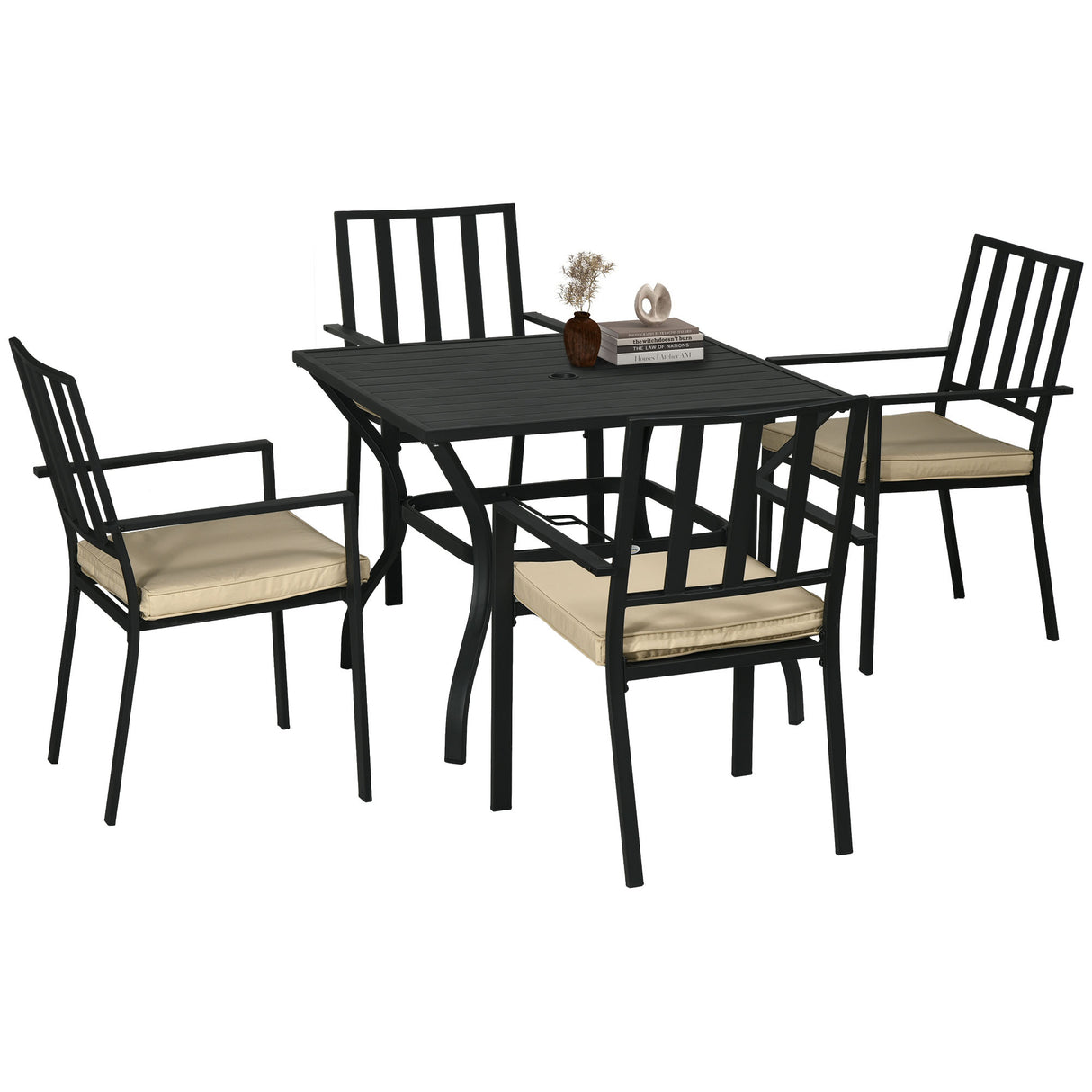 Metal Garden Dining Set With 4 Stackable Chairs And Cushions - Velmora