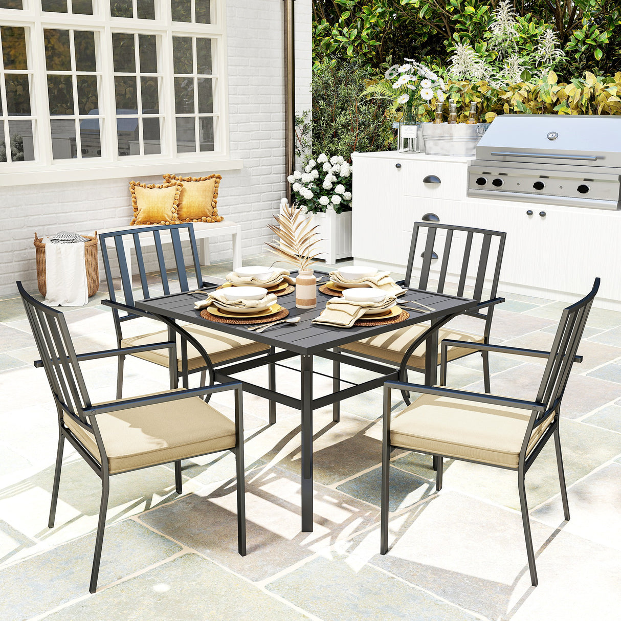 Metal Garden Dining Set With 4 Stackable Chairs And Cushions - Velmora